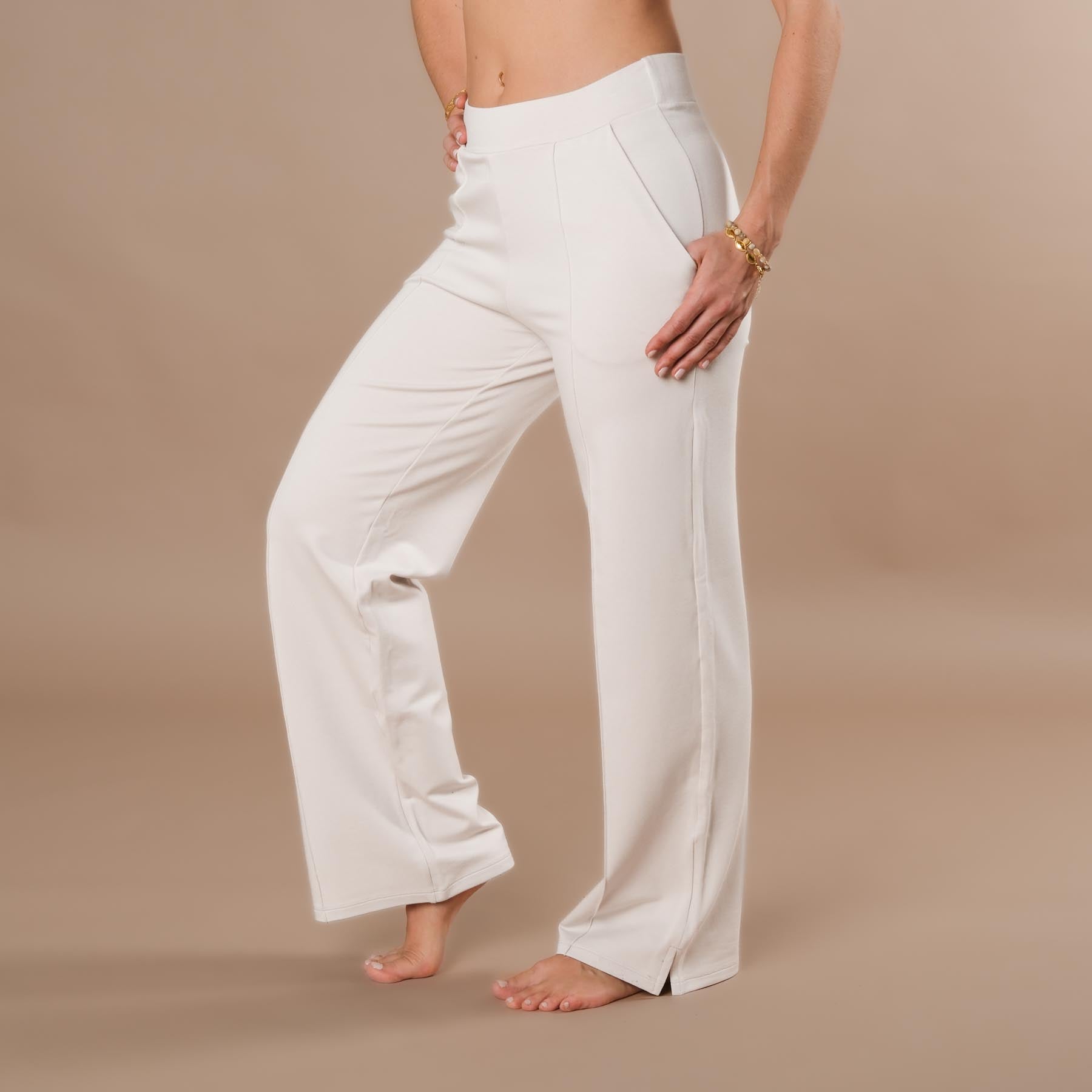 Damen Yoga Jogging Hose weit mit Biese ecru
