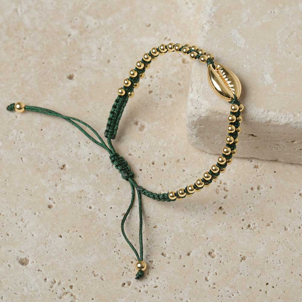 Armband geflochten mit Kauri Muschel gold dunkelgrün