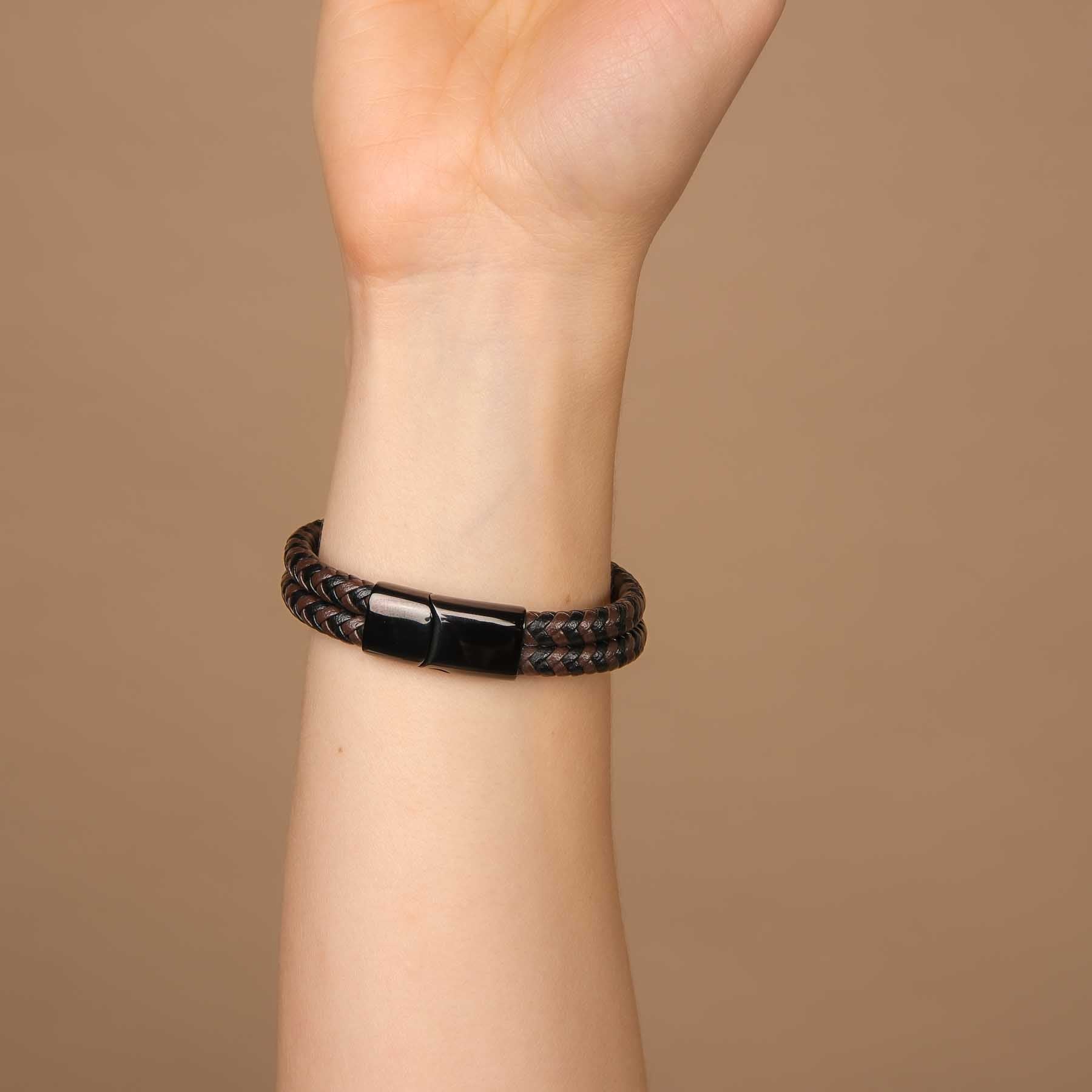 Leder Armband double geflochten braun-schwarz