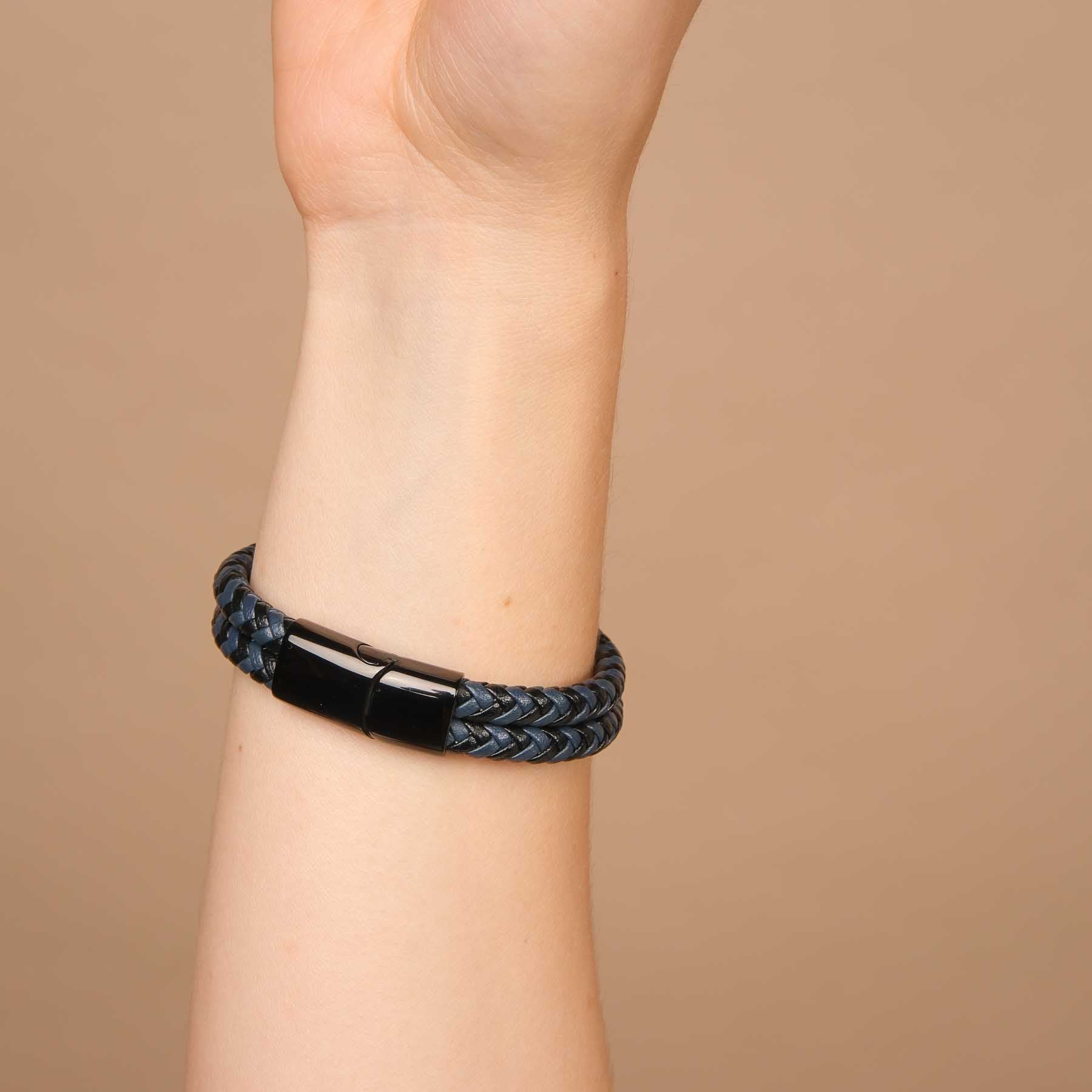 Leder Armband double geflochten grau-schwarz