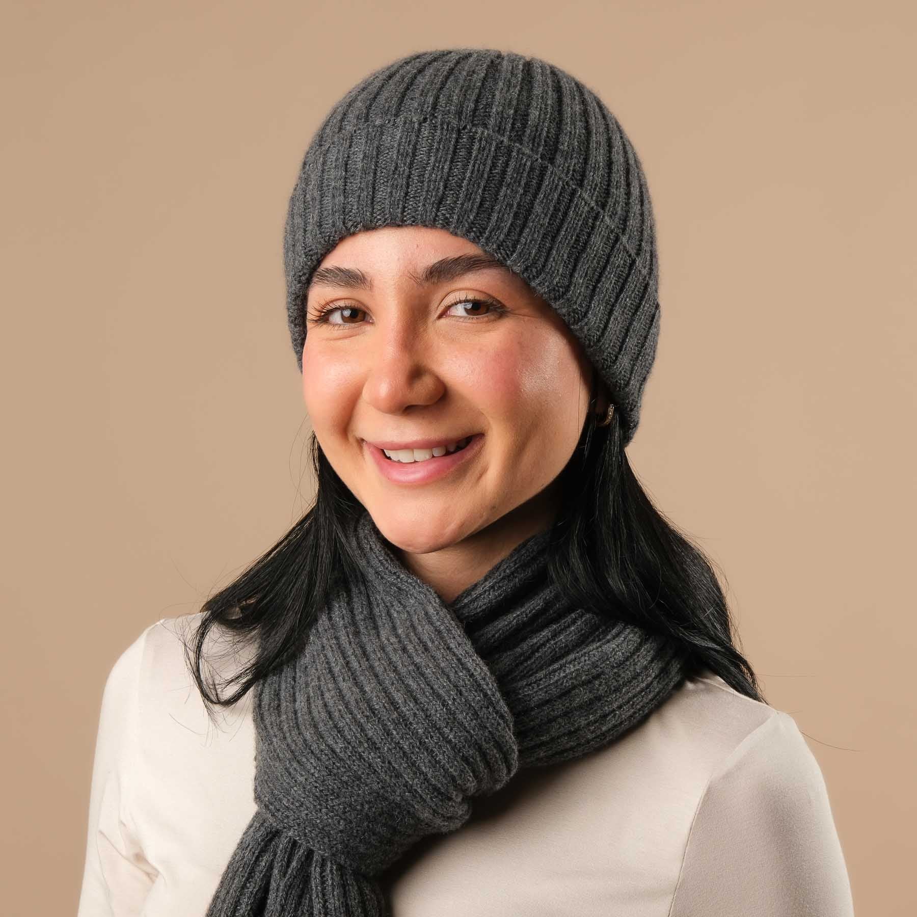 Kaschmir Mütze (Beanie) gerippt anthrazit