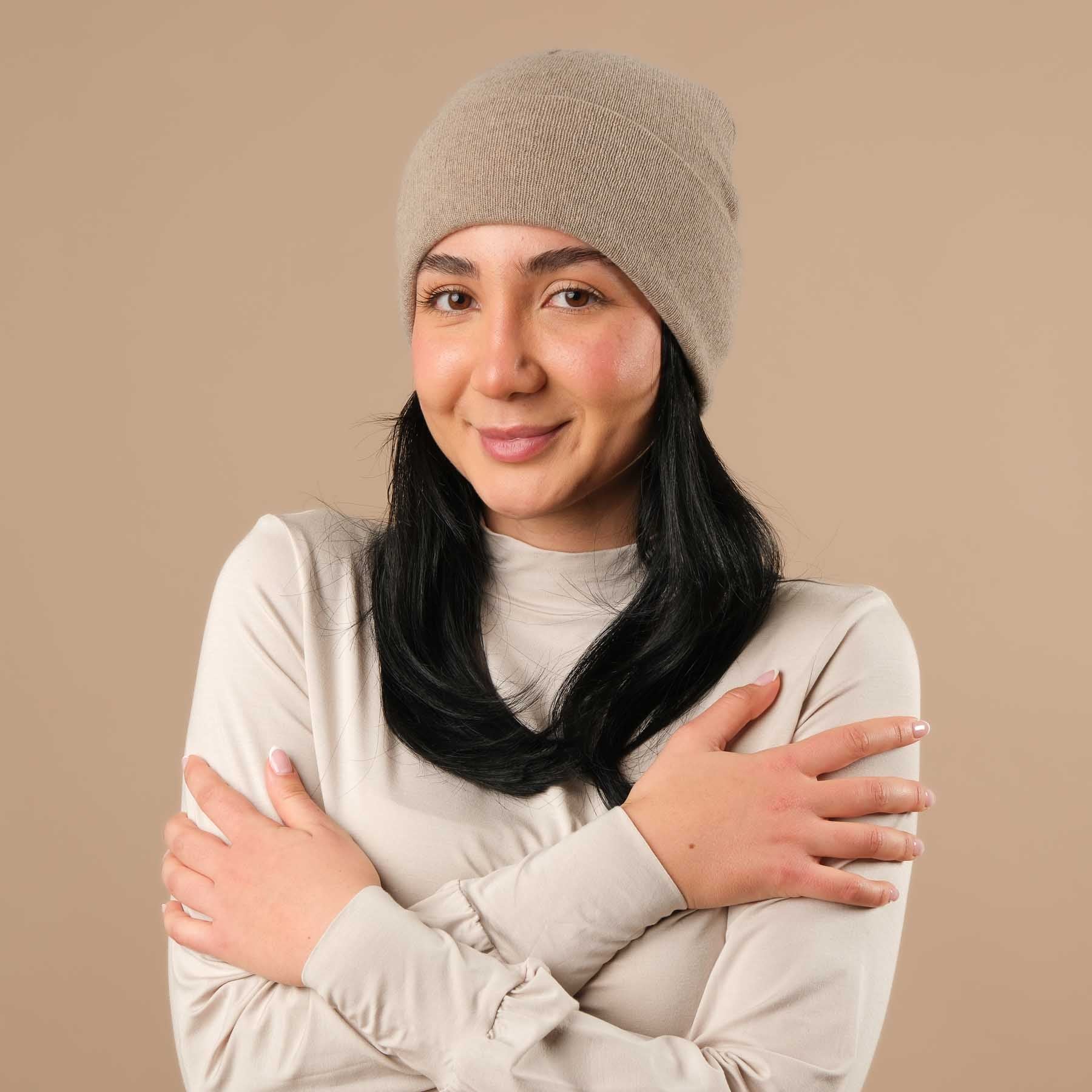 Kaschmir Mütze (Beanie) mit Merino Wolle beige