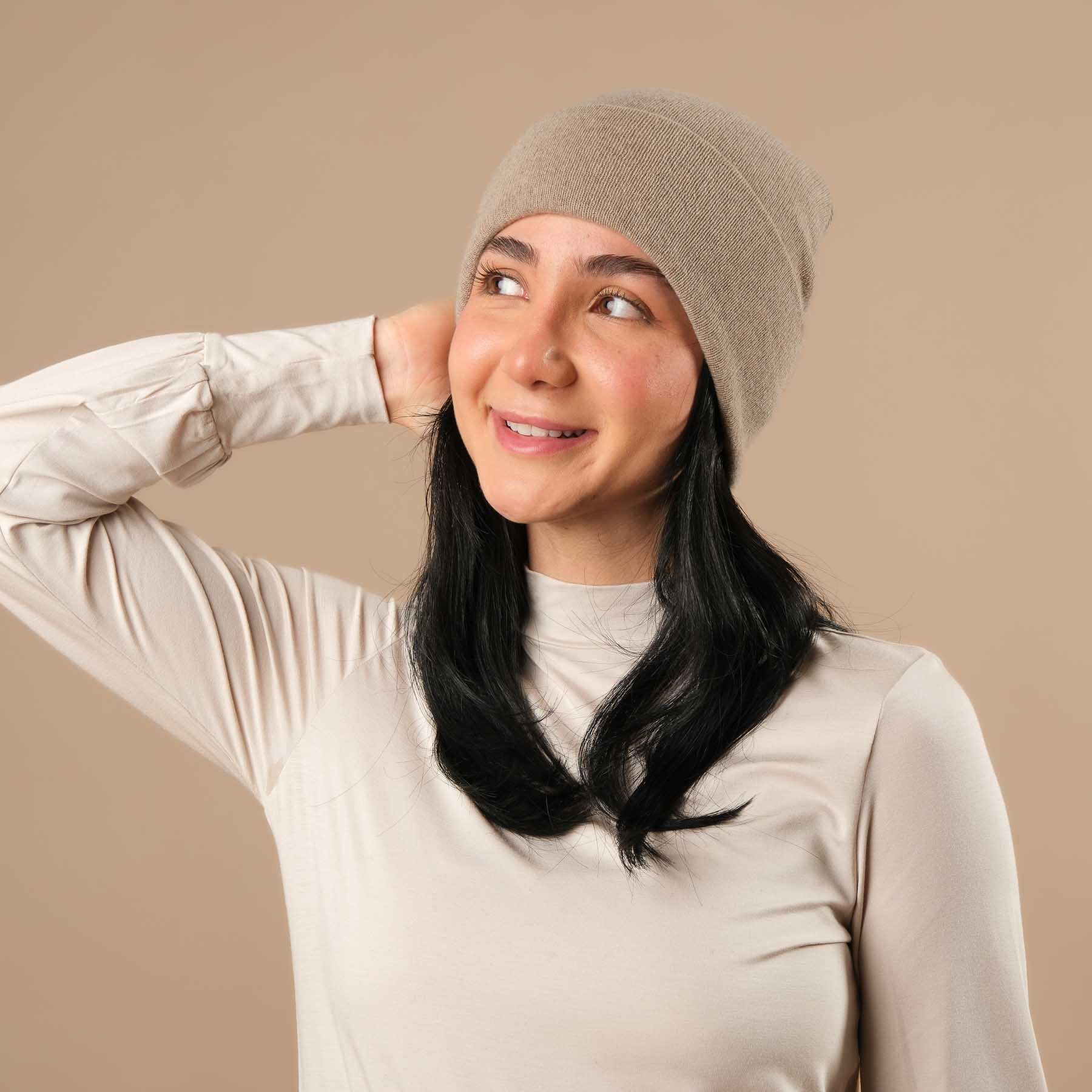 Kaschmir Mütze (Beanie) mit Merino Wolle beige