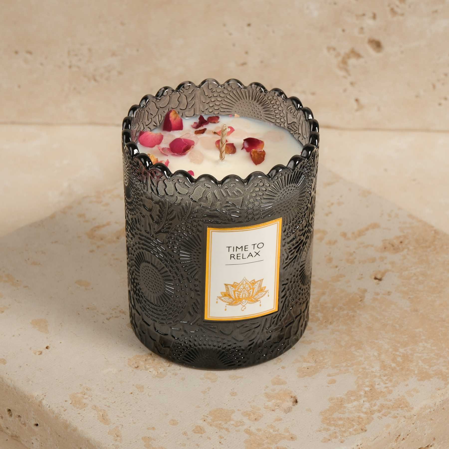 Candela profumata in barattolo di vetro "Rosa, Ambra e Muschio" con pietre preziose, color antracite