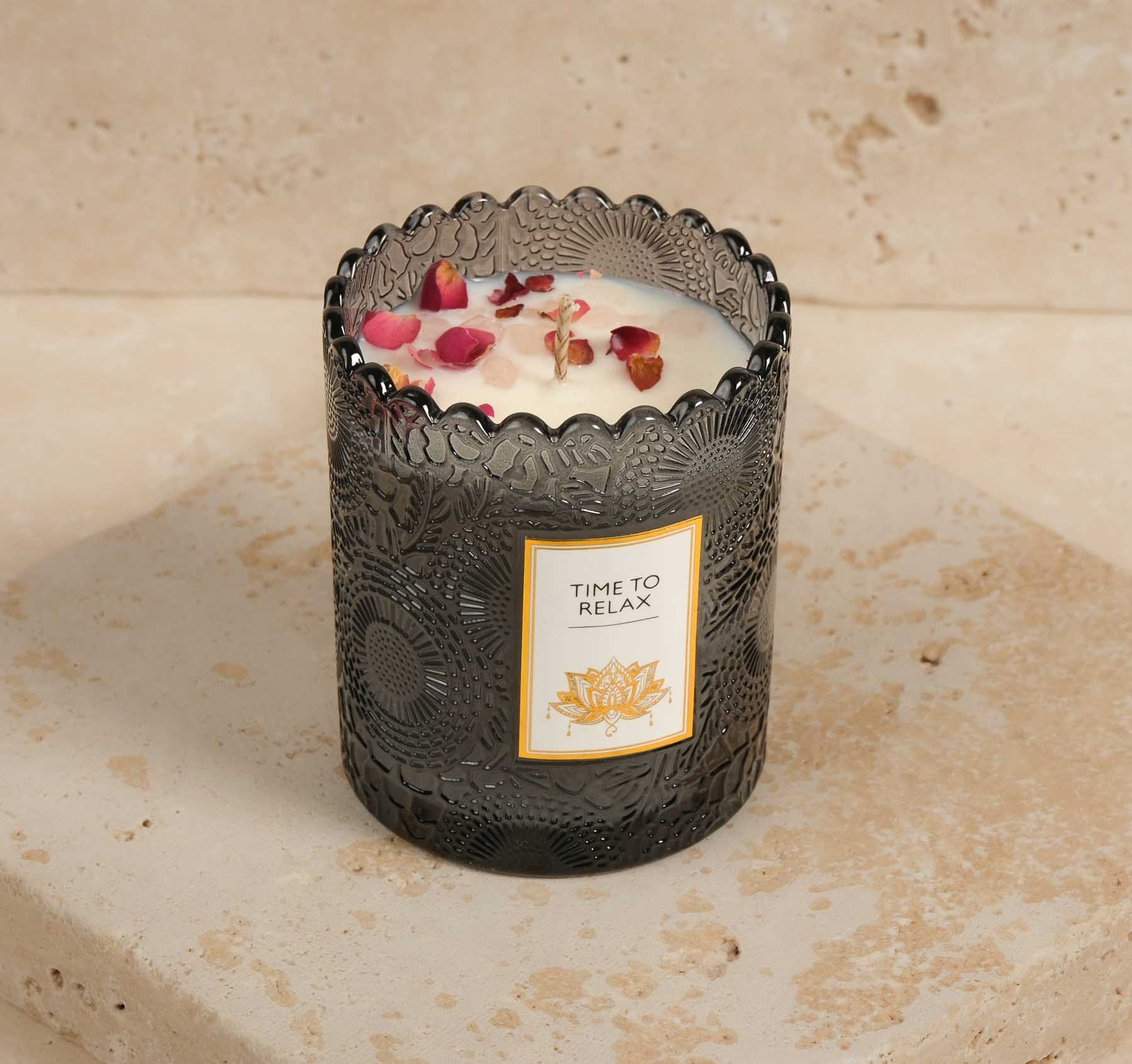 Duftkerze im Glas Rose, Amber & Musk mit Edelsteinen anthrazit