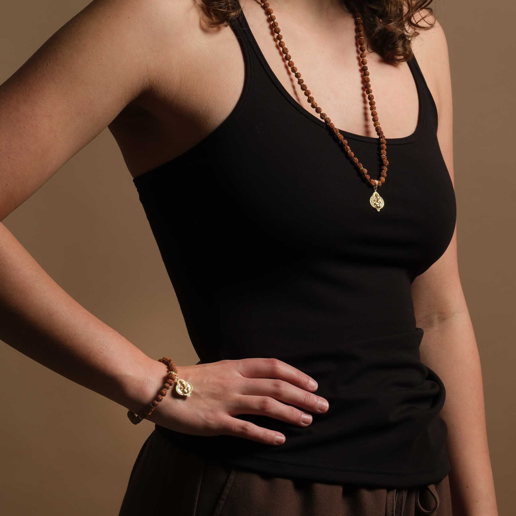 Mala Halskette Ganesh mit Rudraksha Perlen gold