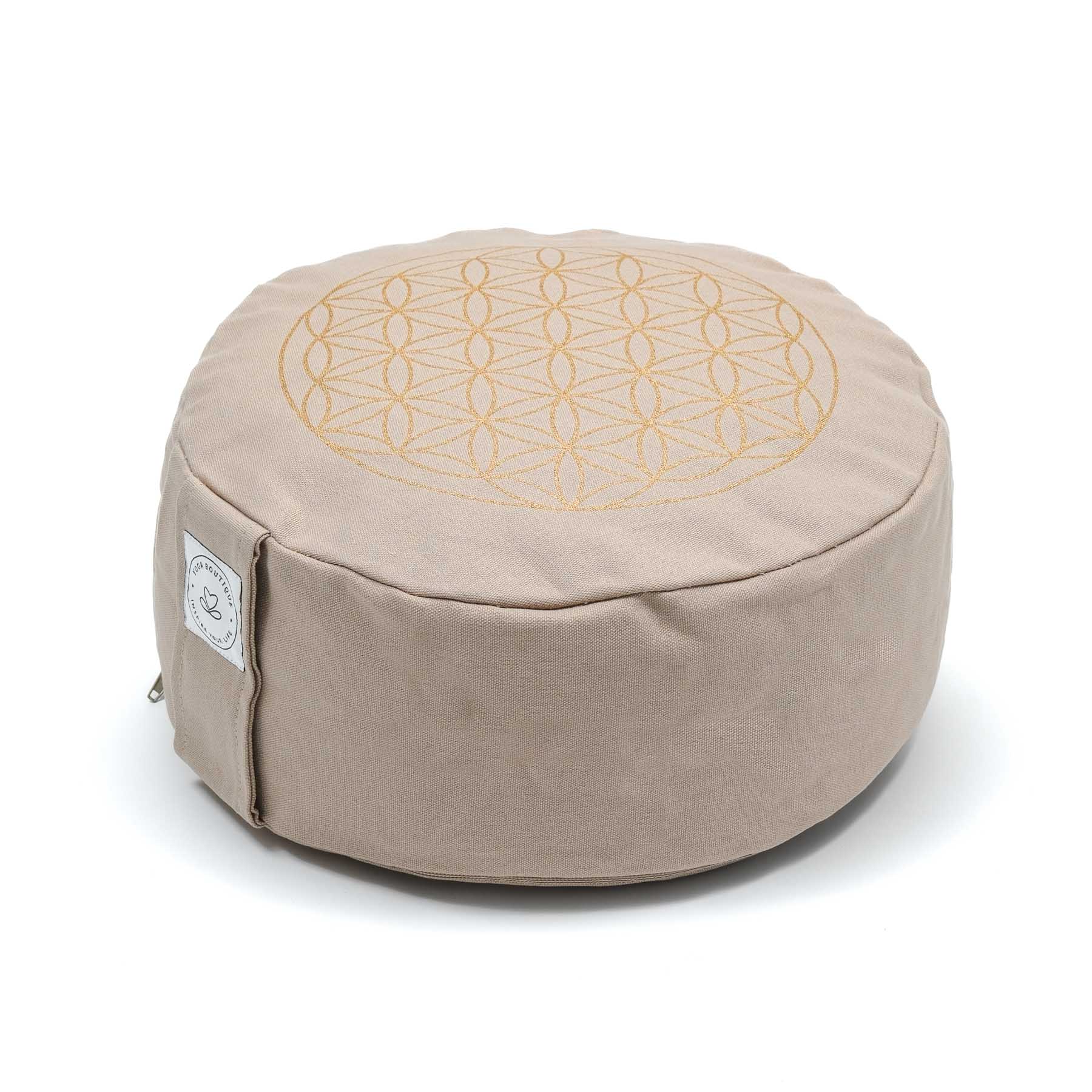 Meditationskissen rund Blume des Lebens gold Print sand
