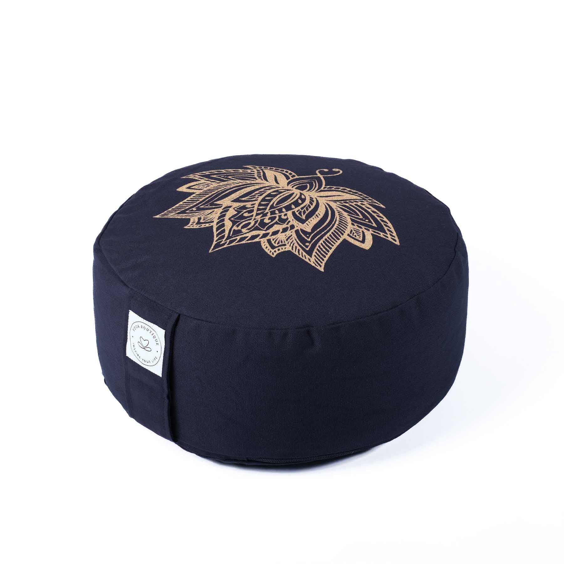 Meditationskissen rund Lotus gold Print navy blau