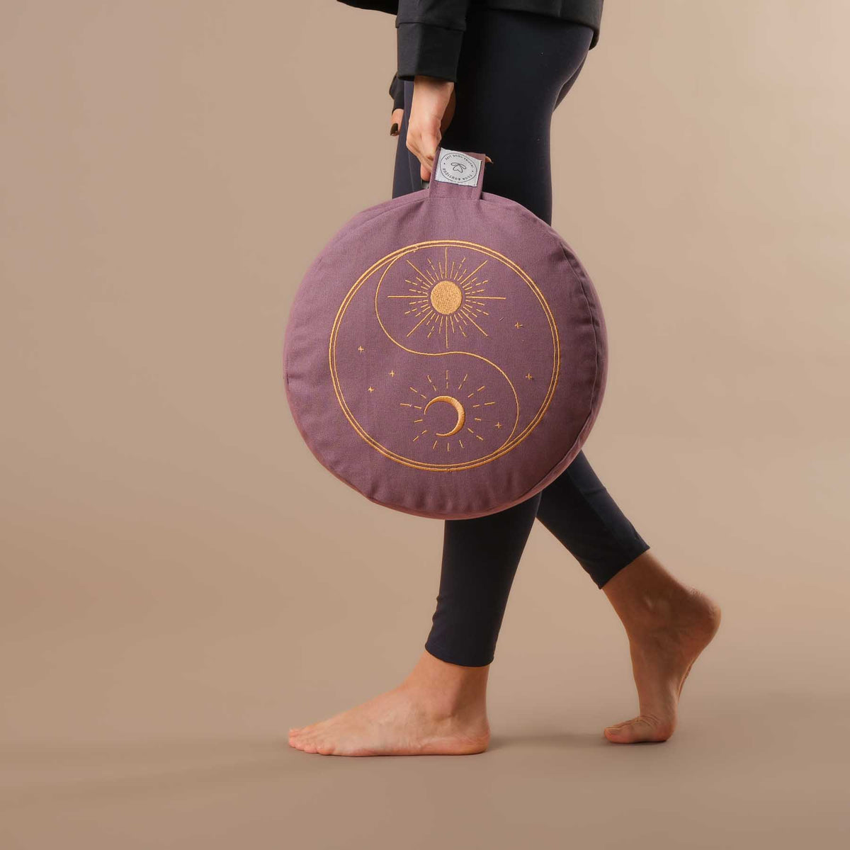 Coussin de méditation rond Yin Yang, brodé d'or, couleur lavande