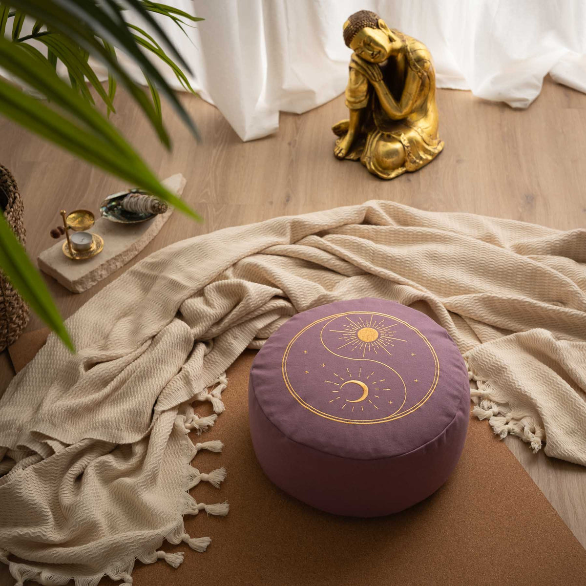 Coussin de méditation rond Yin Yang, brodé d'or, couleur lavande