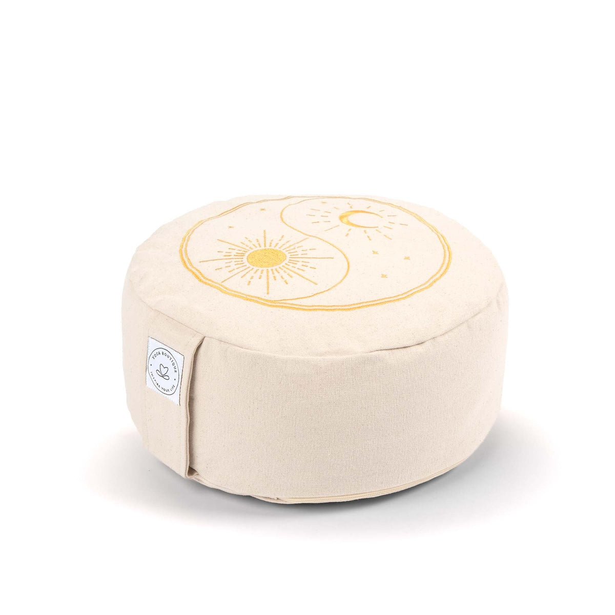 Coussin de méditation rond Yin Yang, brodé d'or, blanc naturel
