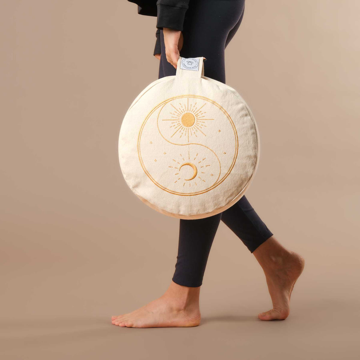 Coussin de méditation rond Yin Yang, brodé d'or, blanc naturel
