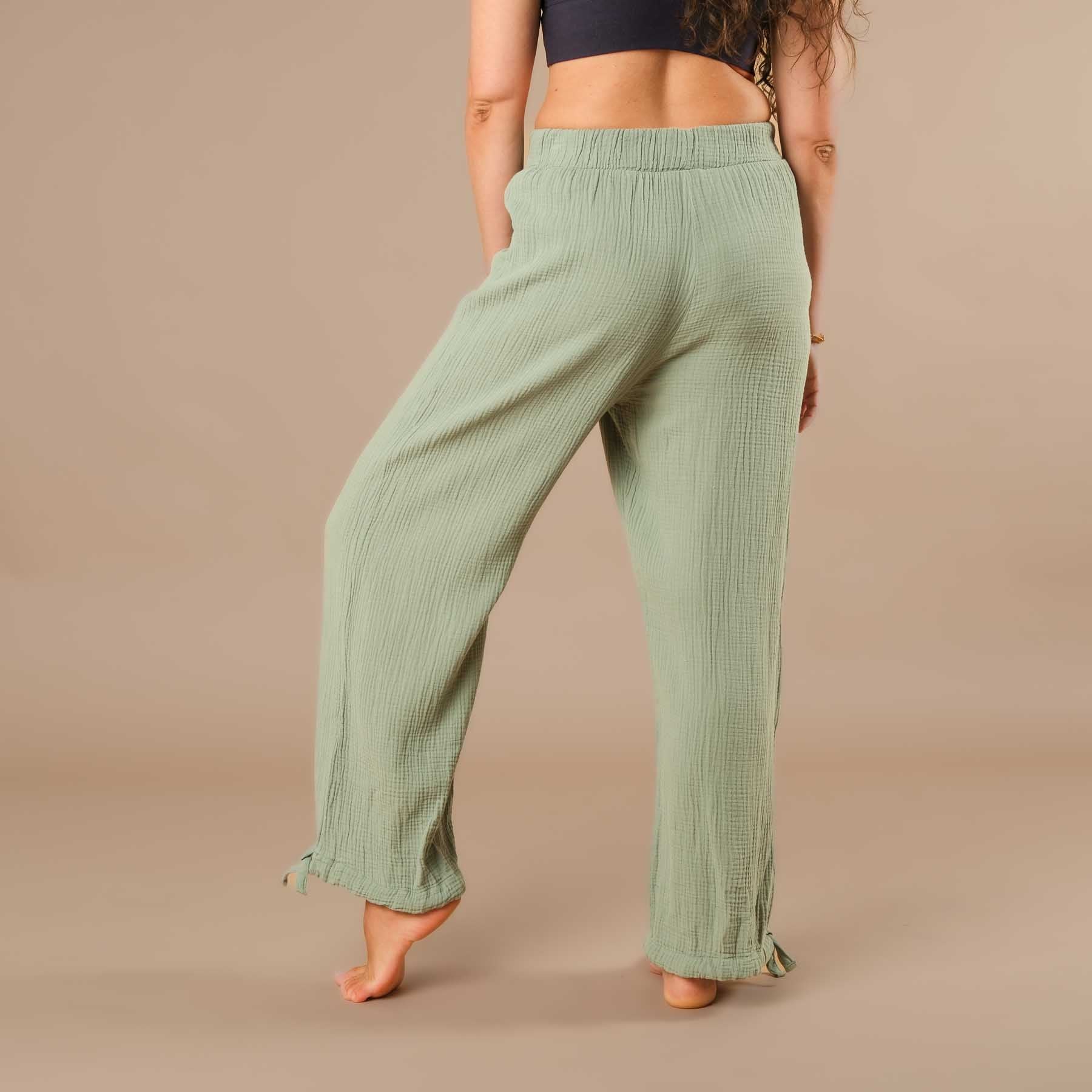 Pantalon long en mousseline pour femme, vert sauge