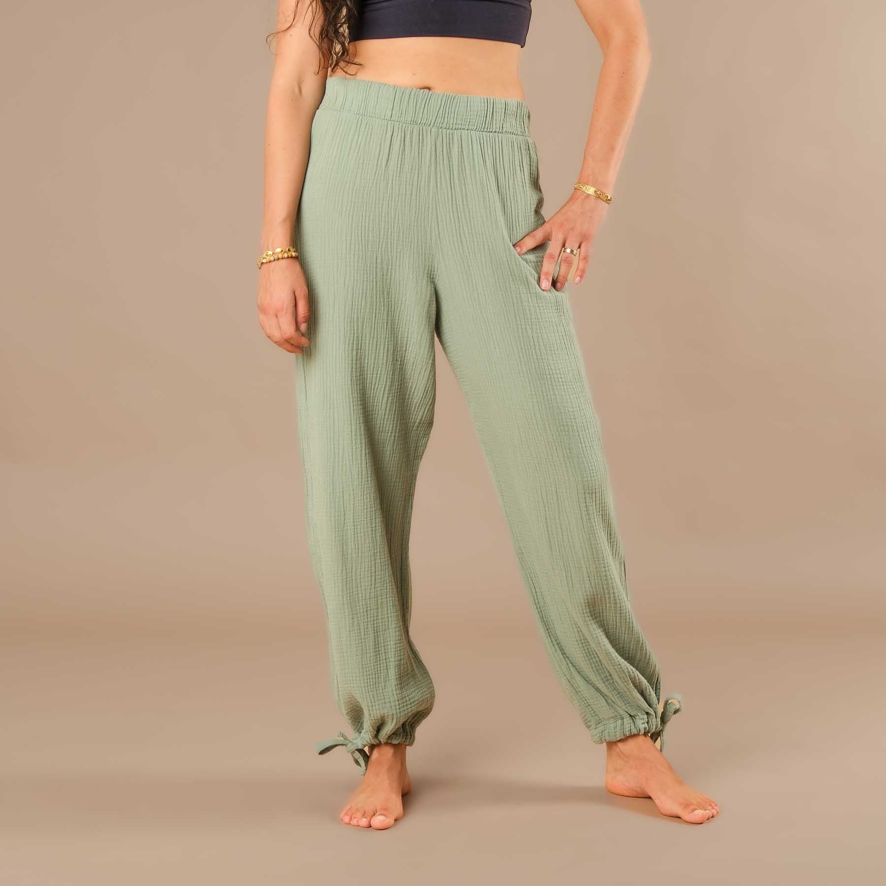 Pantalon long en mousseline pour femme, vert sauge