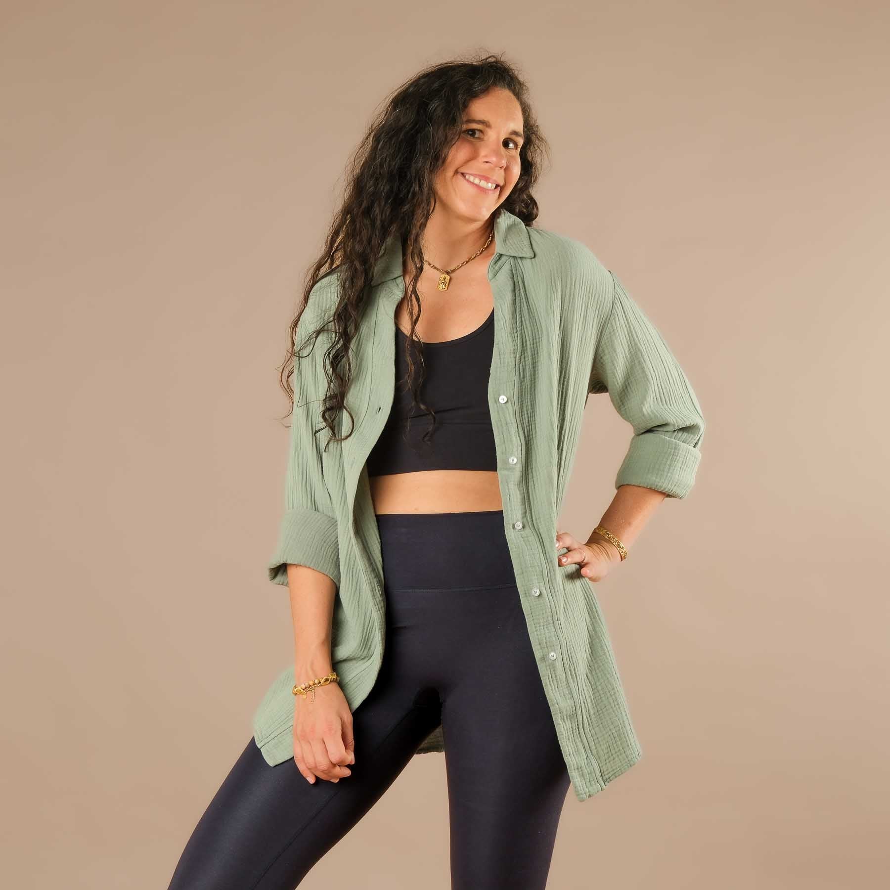 Musselin Bluse Tunika Damen salbei-gruen