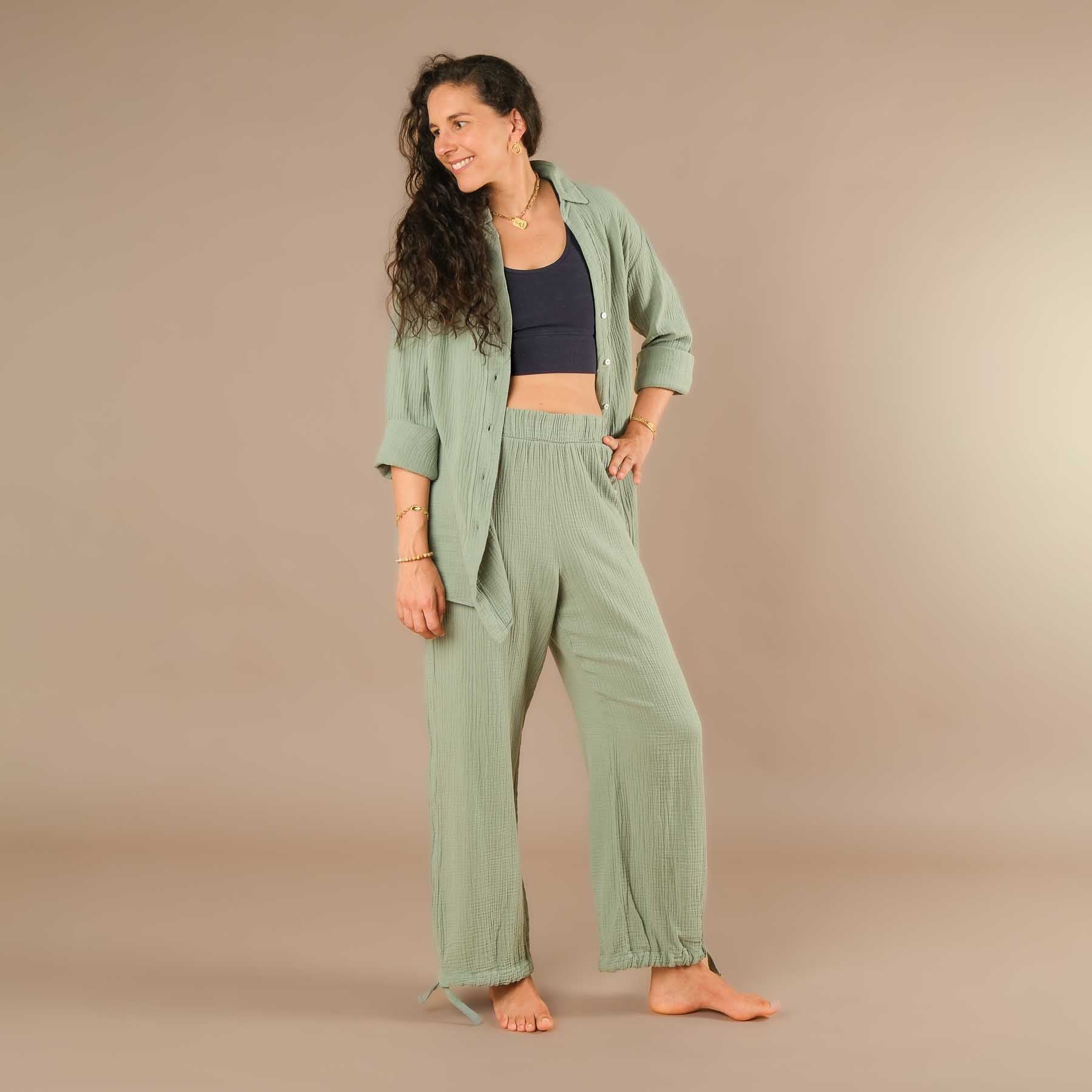 Musselin Bluse Tunika Damen salbei-gruen