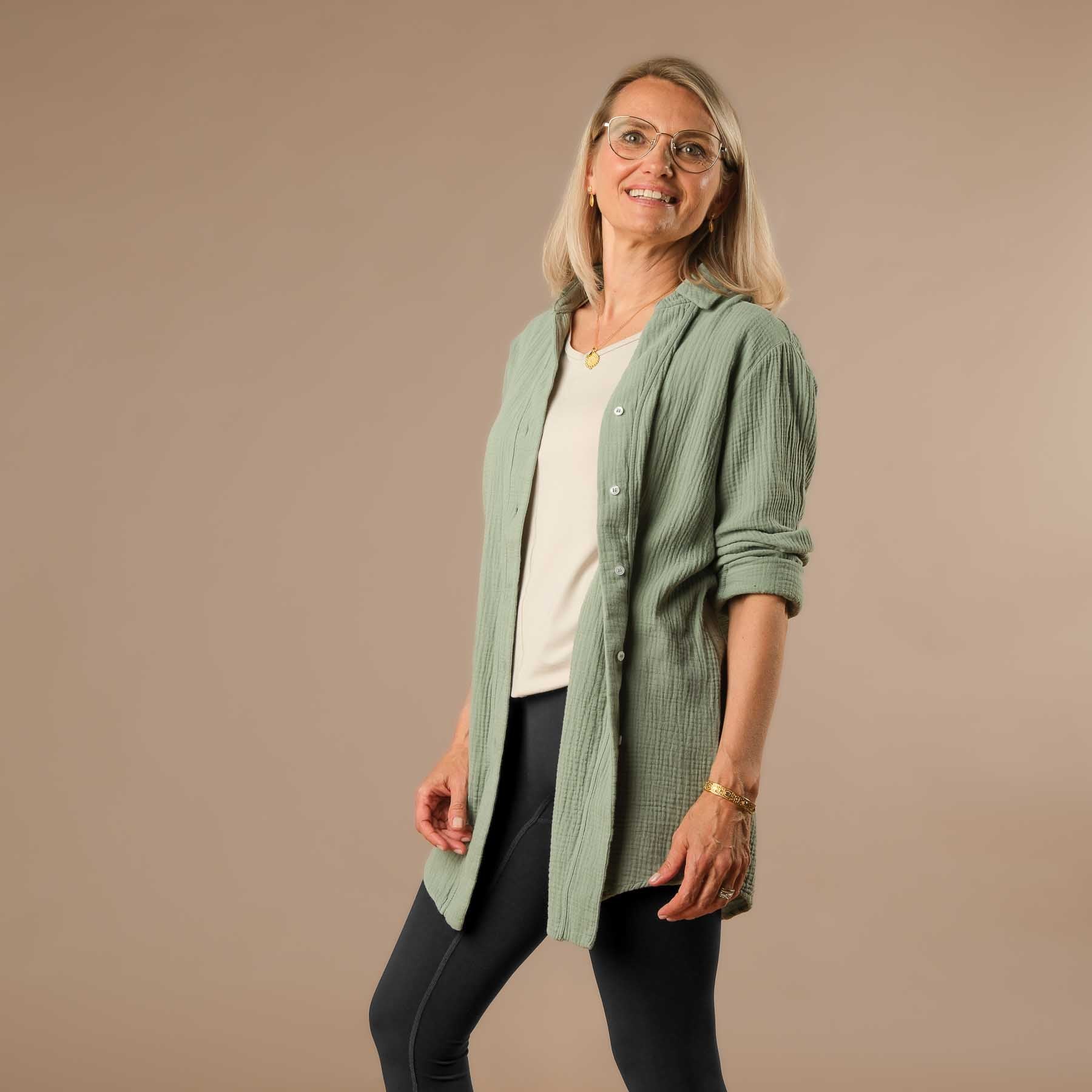 Musselin Bluse Tunika Damen salbei-gruen