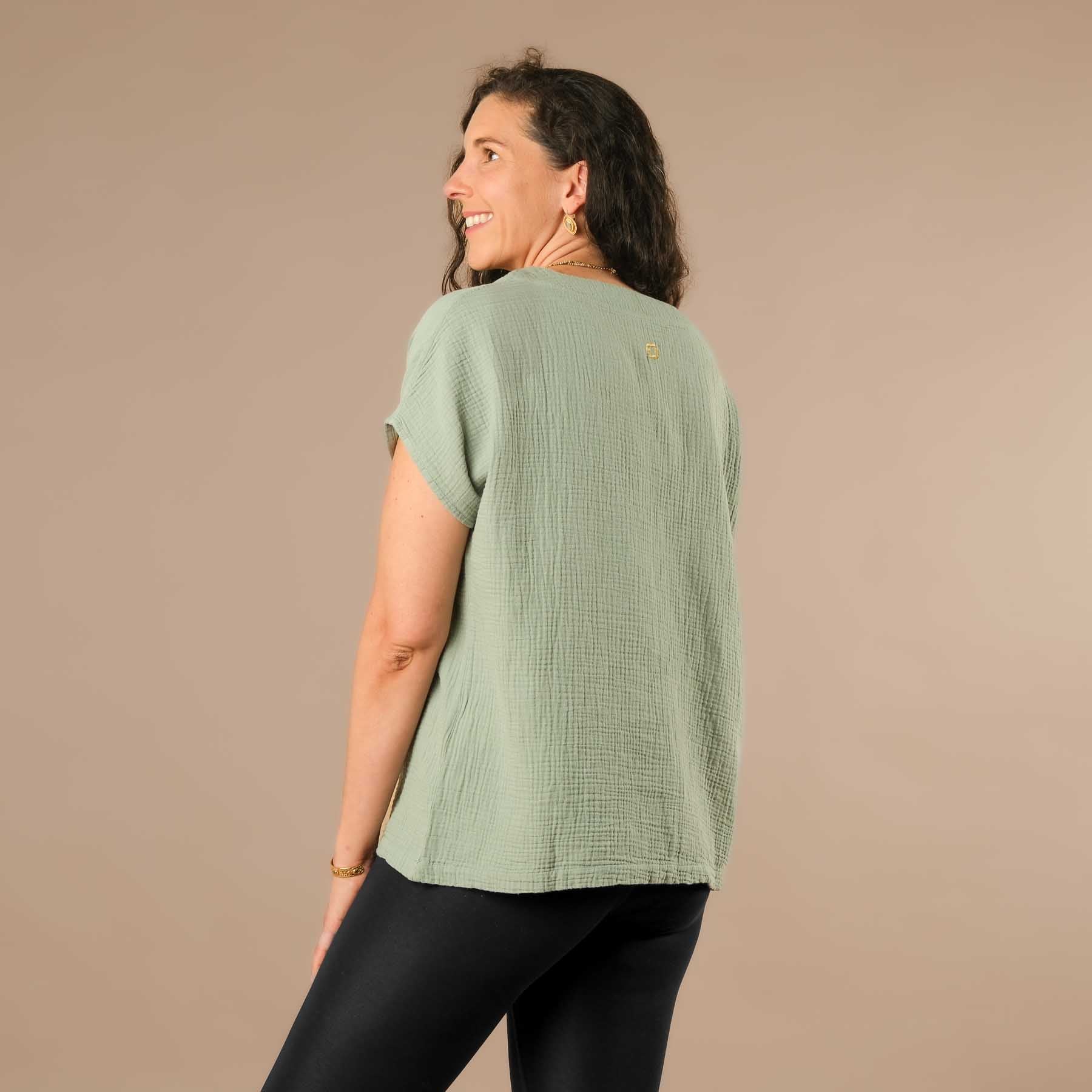 Maglietta in mussola con scollo a V da donna, verde salvia