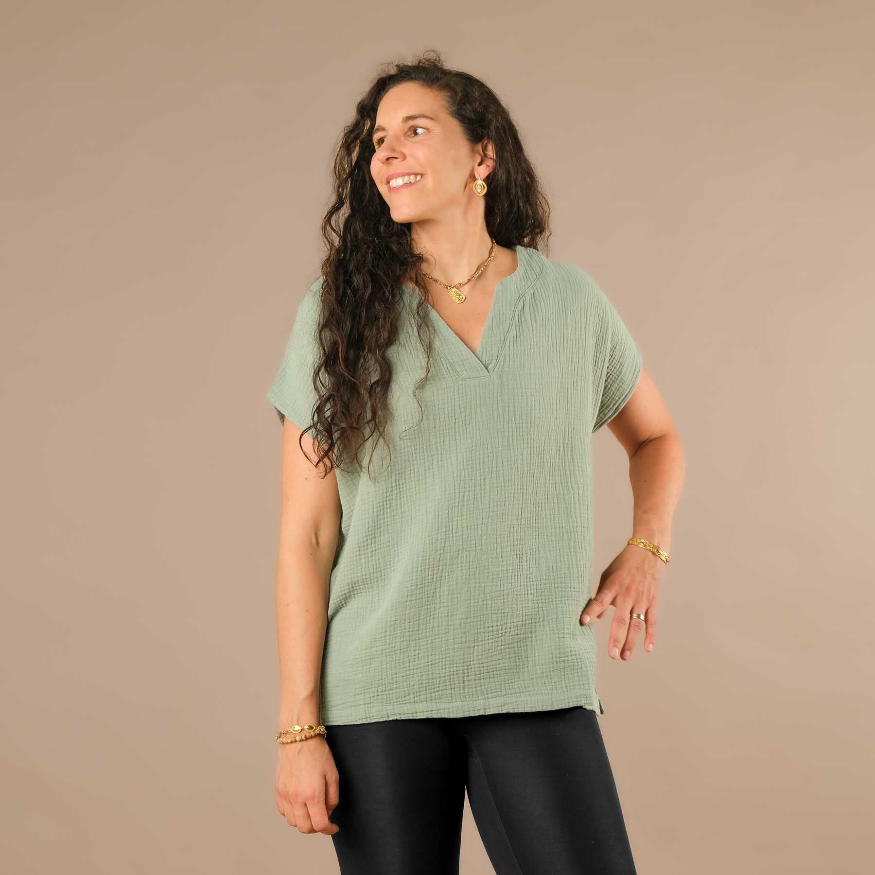 Maglietta in mussola con scollo a V da donna, verde salvia
