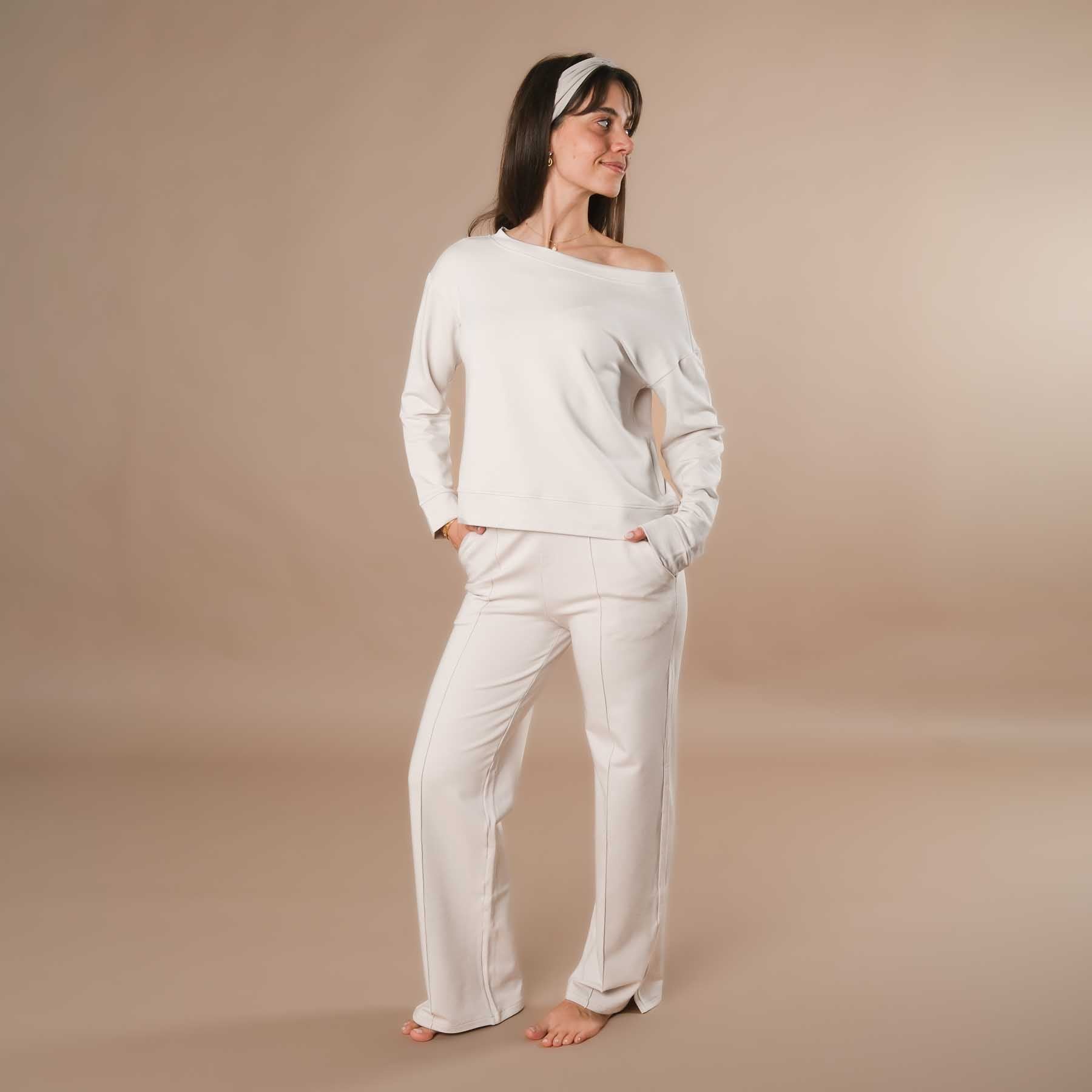 Pantaloni da jogging da donna larghi con bordino color ecru