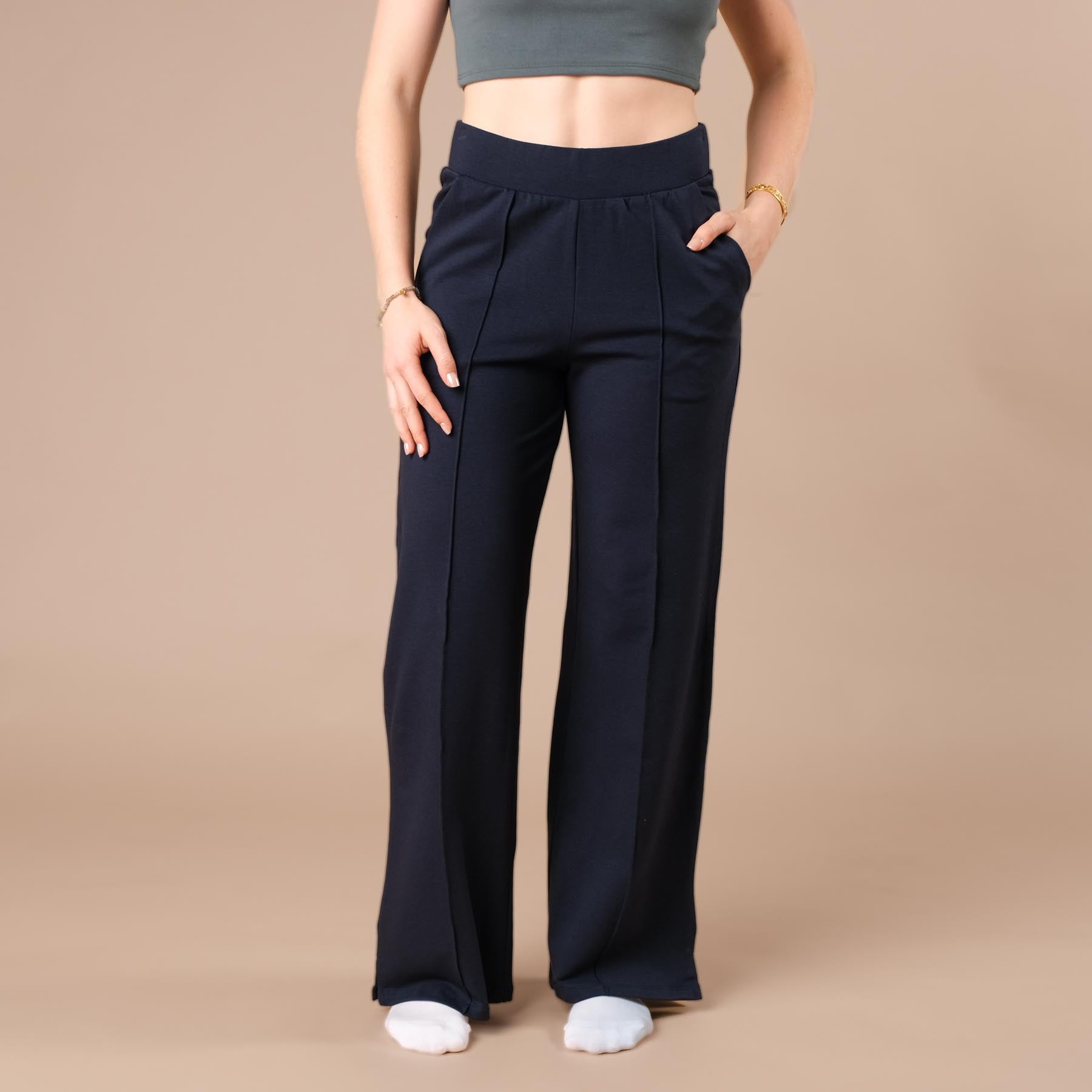 Pantaloni da jogging da donna larghi con bordino, blu navy