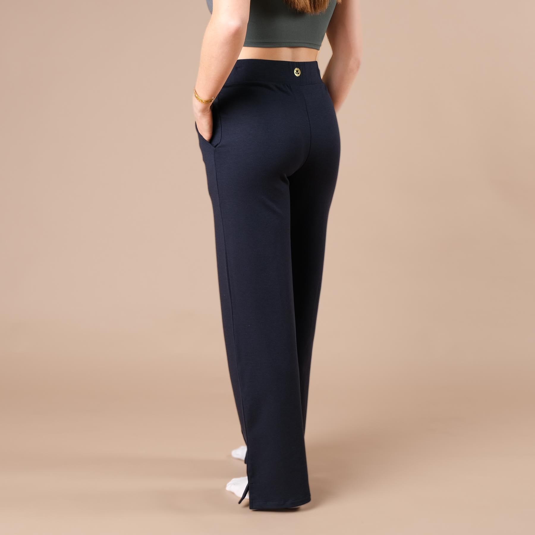 Pantaloni da jogging da donna larghi con bordino, blu navy