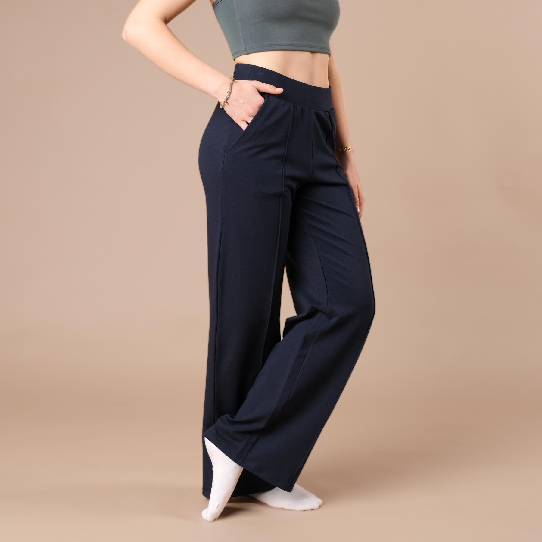 Pantaloni da jogging da donna larghi con bordino, blu navy