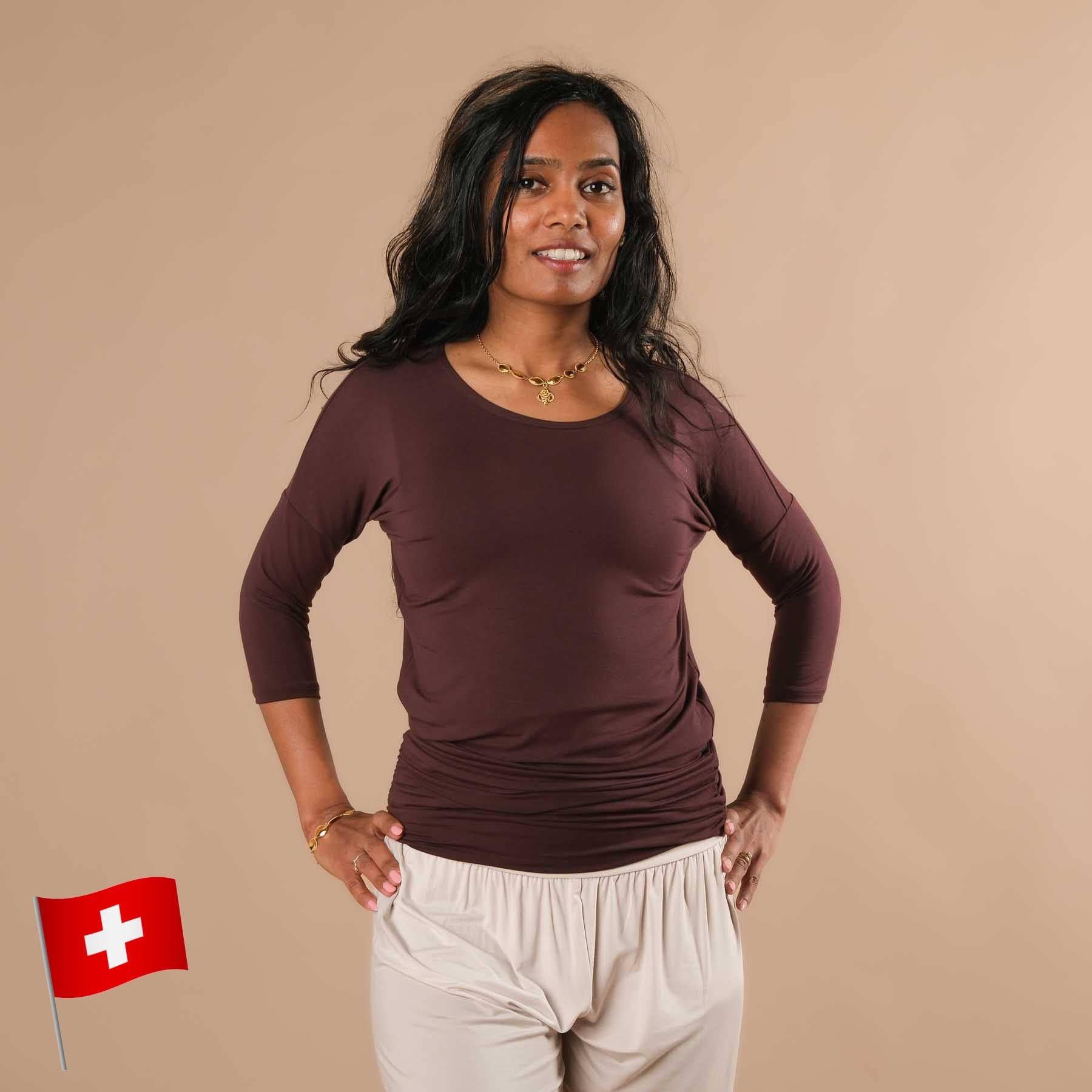 Yoga Shirt Comfy 3/4 Arm, in der Schweiz hergestellt, weichster Stoff, aubergine