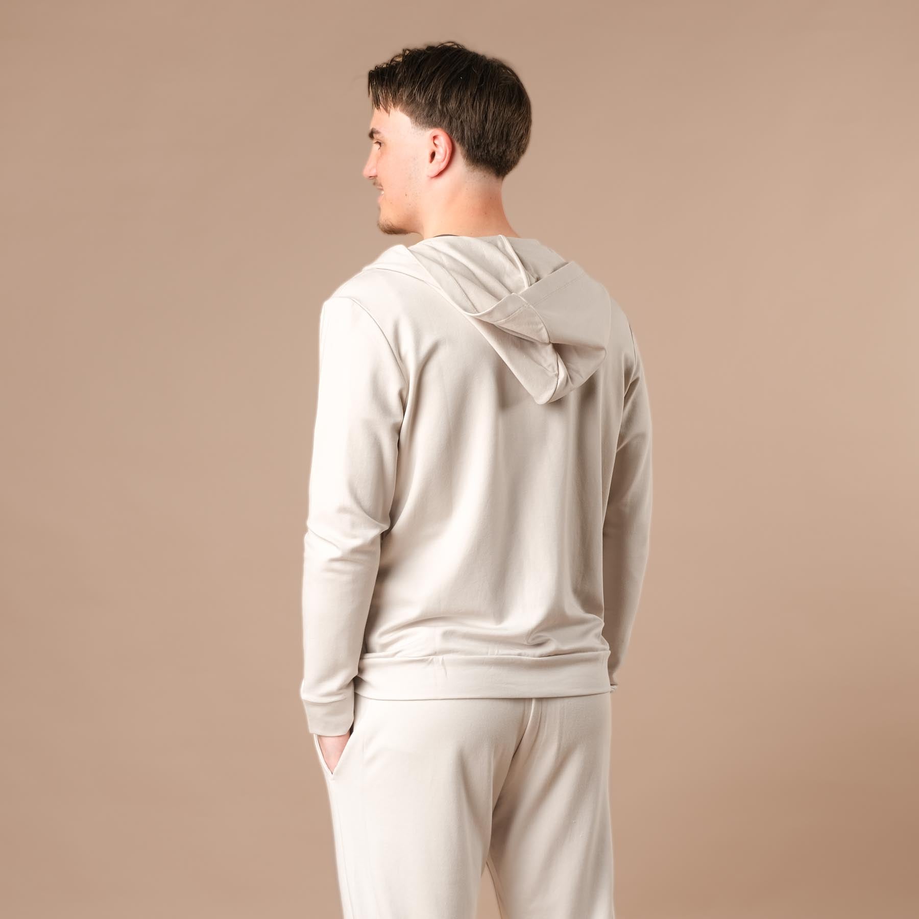 Felpa con cappuccio e zip unisex, realizzata in modo sostenibile in cotone e modal color ecru