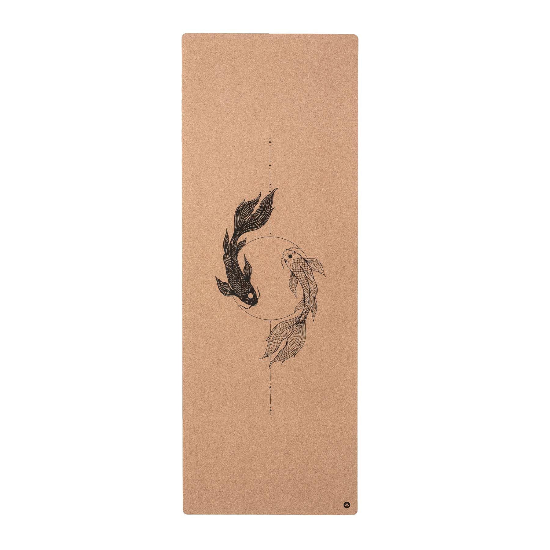 Kork Yogamatte mit Koi Ying Yang Design und Ausrichtungslinie