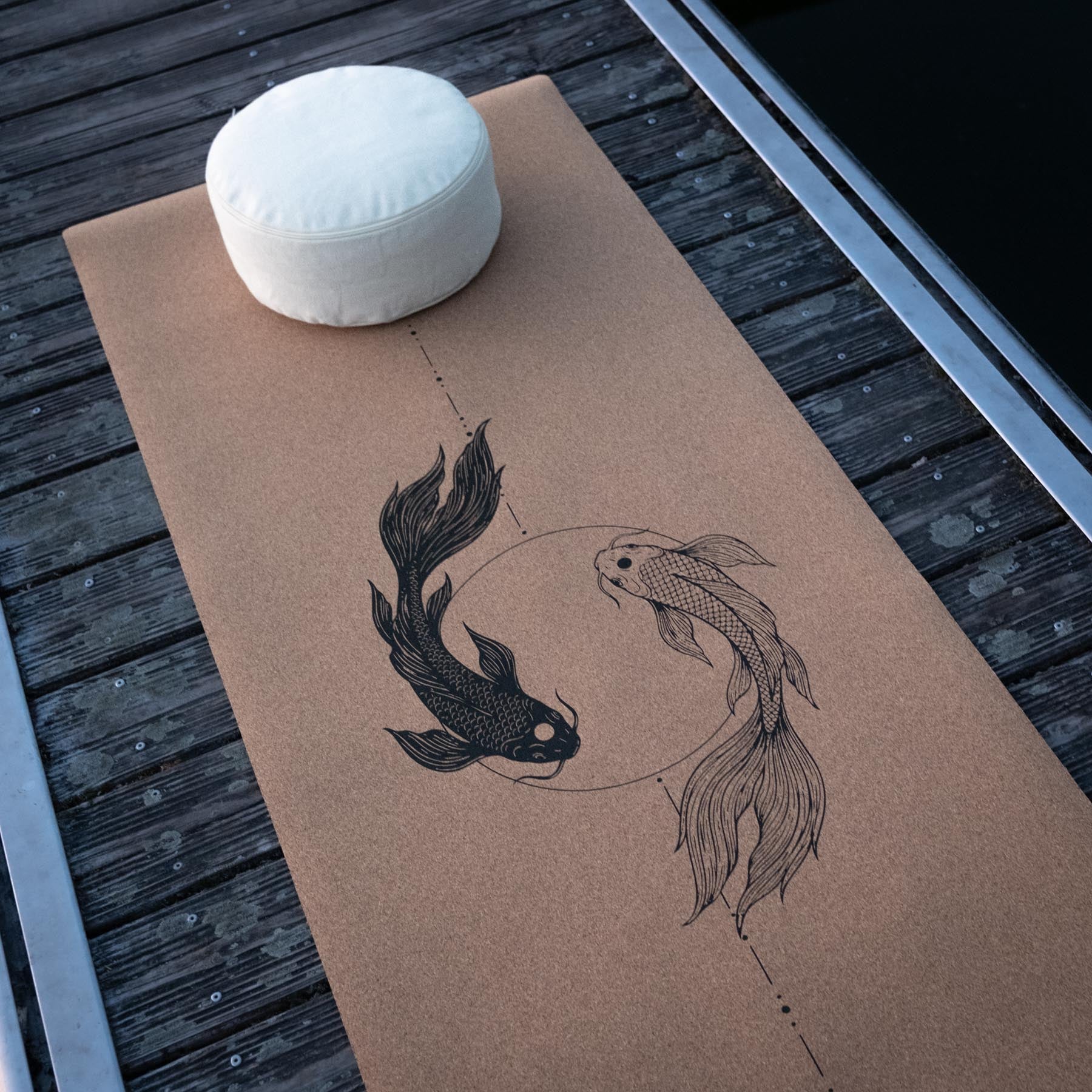 Tapis de yoga en liège avec motif Koi Yin Yang et ligne d'alignement