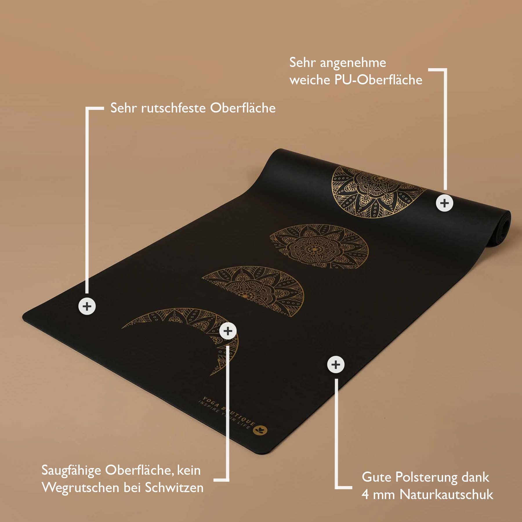 Yogamatte SuperGrip 2.0 Mandala Moon super rutschfest aus Naturkautschuk schwarz