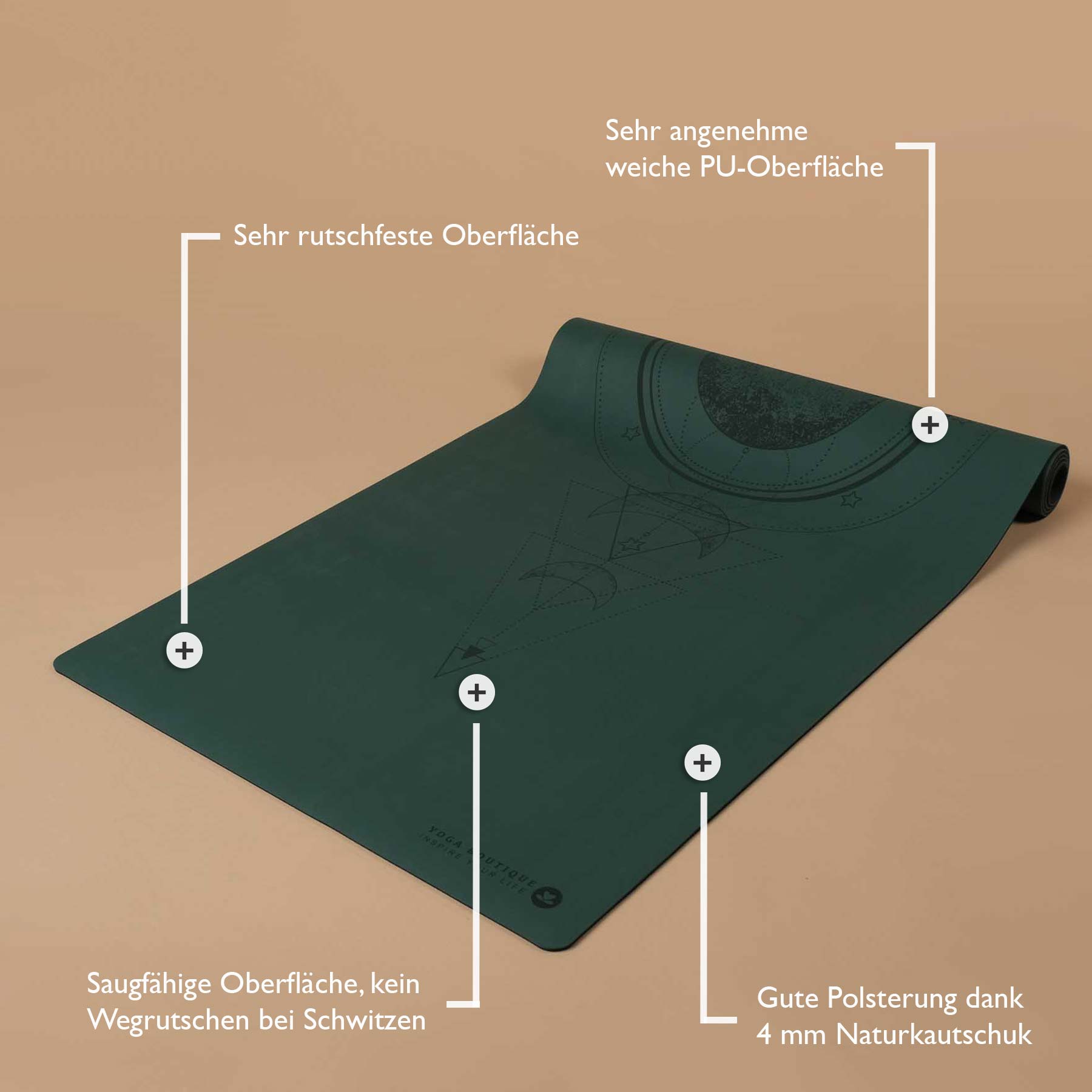 Yogamatte SuperGrip 2.0 Moon dunkel grün aus Naturkautschuk super rutschfest mit Hilfslinien zum korrekten Ausrichten
