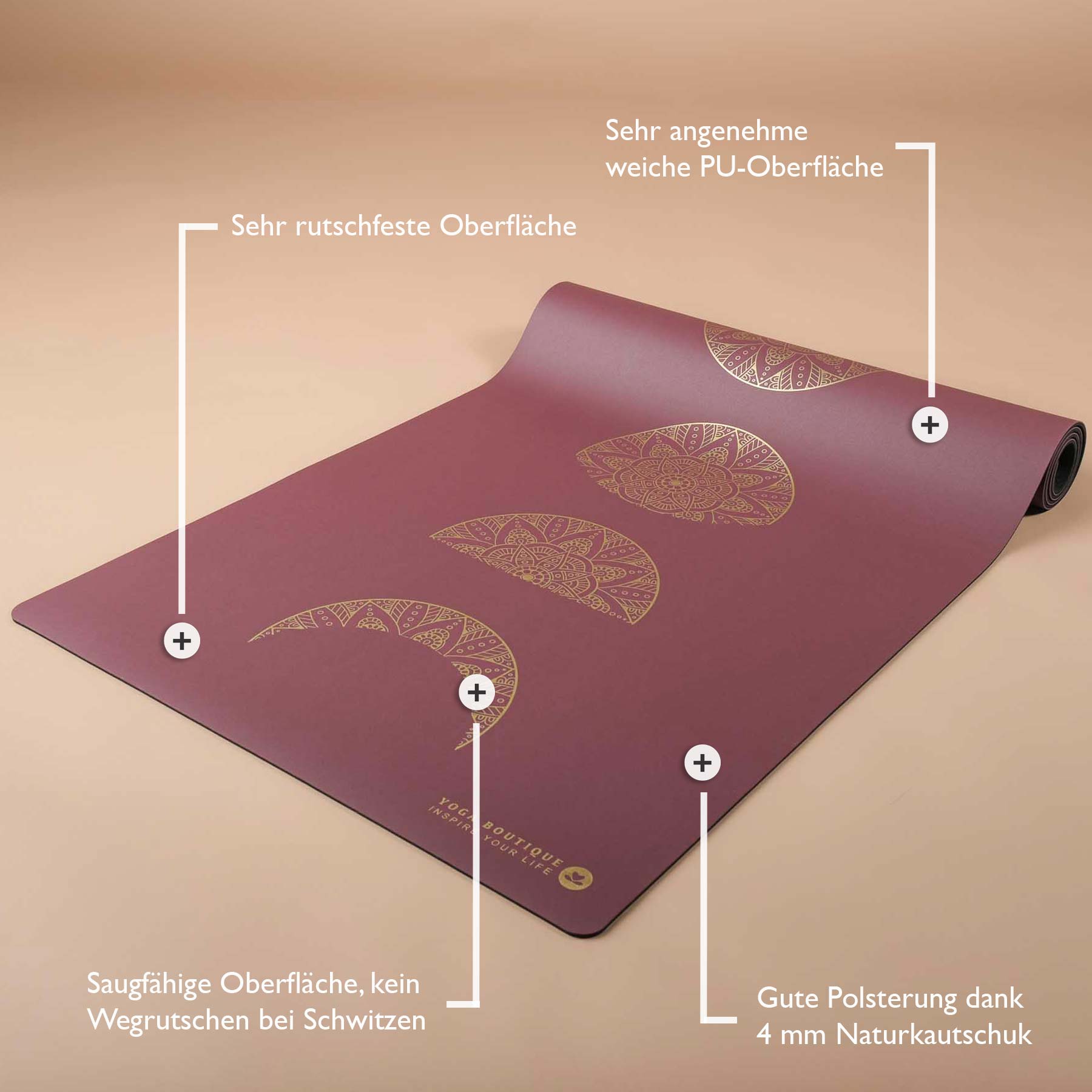 Yogamatte SuperGrip 2.0 Mandala Moon super rutschfest aus Naturkautschuk berry