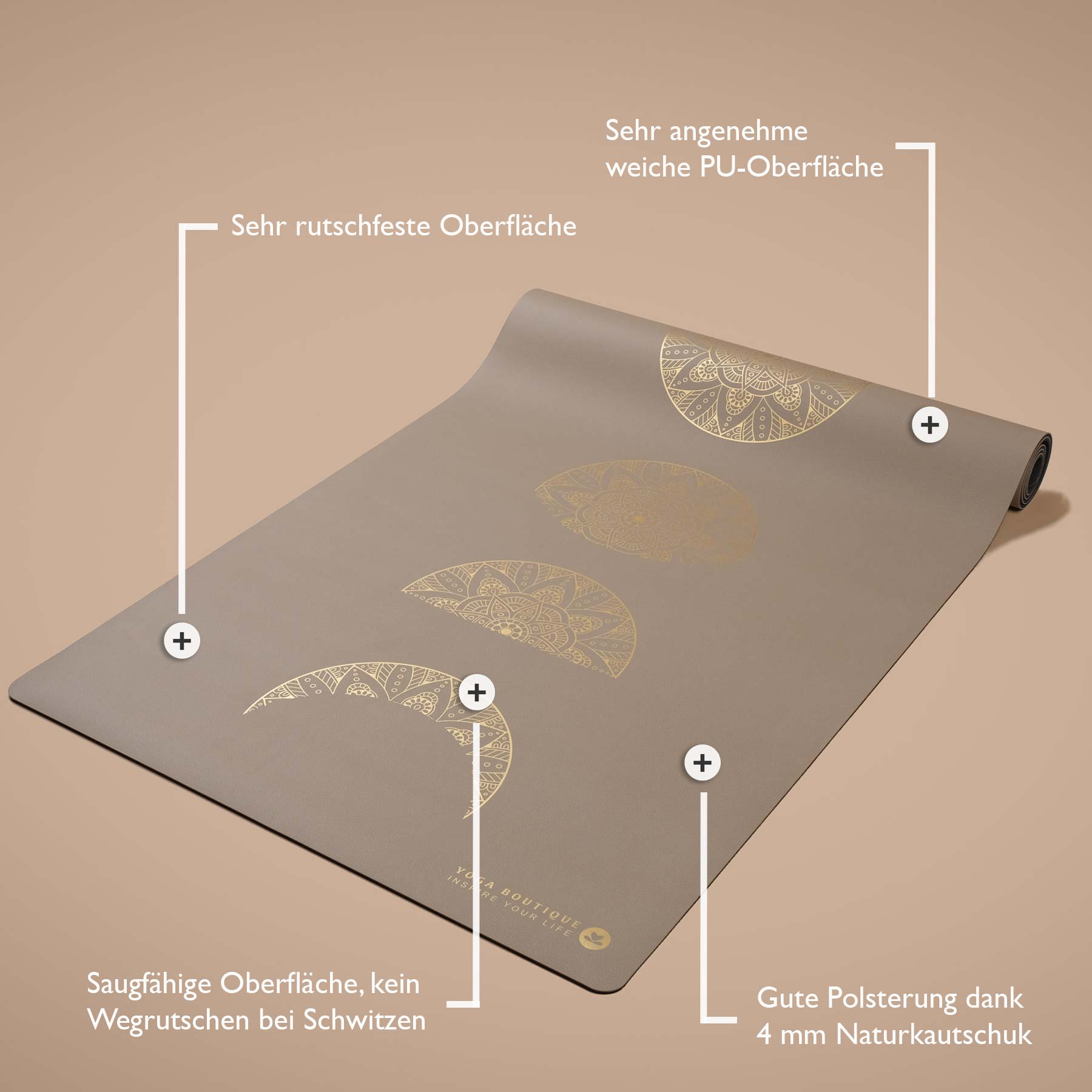 Yogamatte SuperGrip 2.0 Mandala Moon super rutschfest aus Naturkautschuk sand