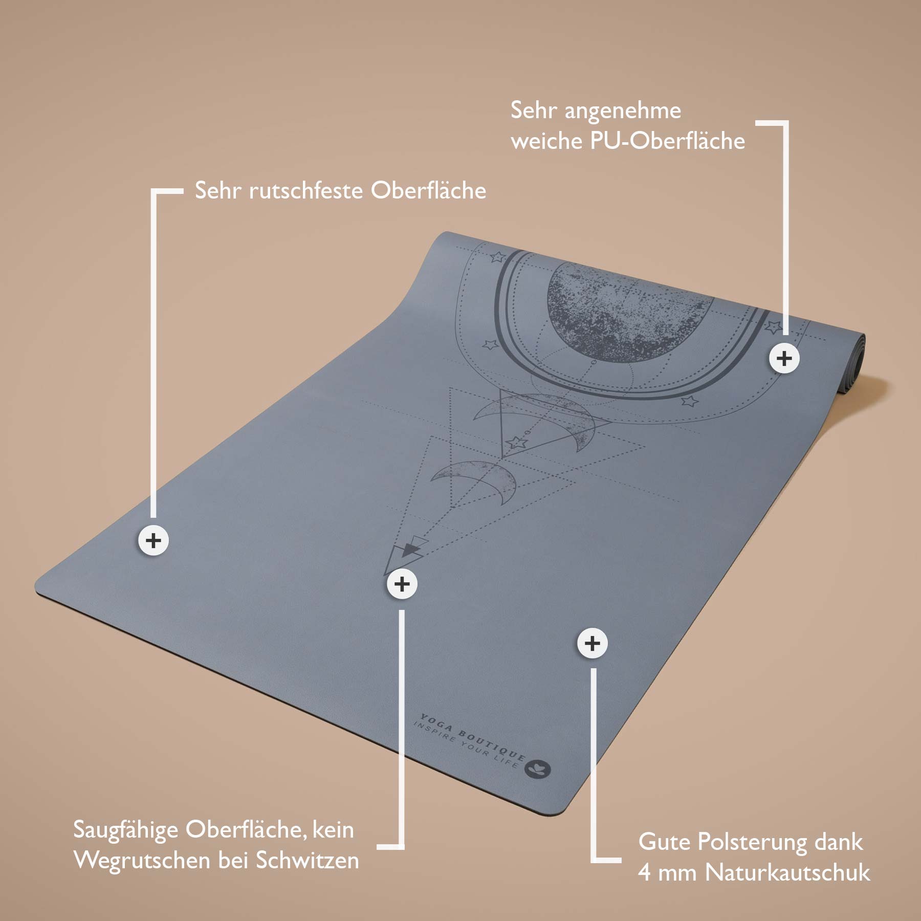 Yogamatte SuperGrip 2.0 Moon graublau mit Hilfslinien zum korrekten Ausrichten