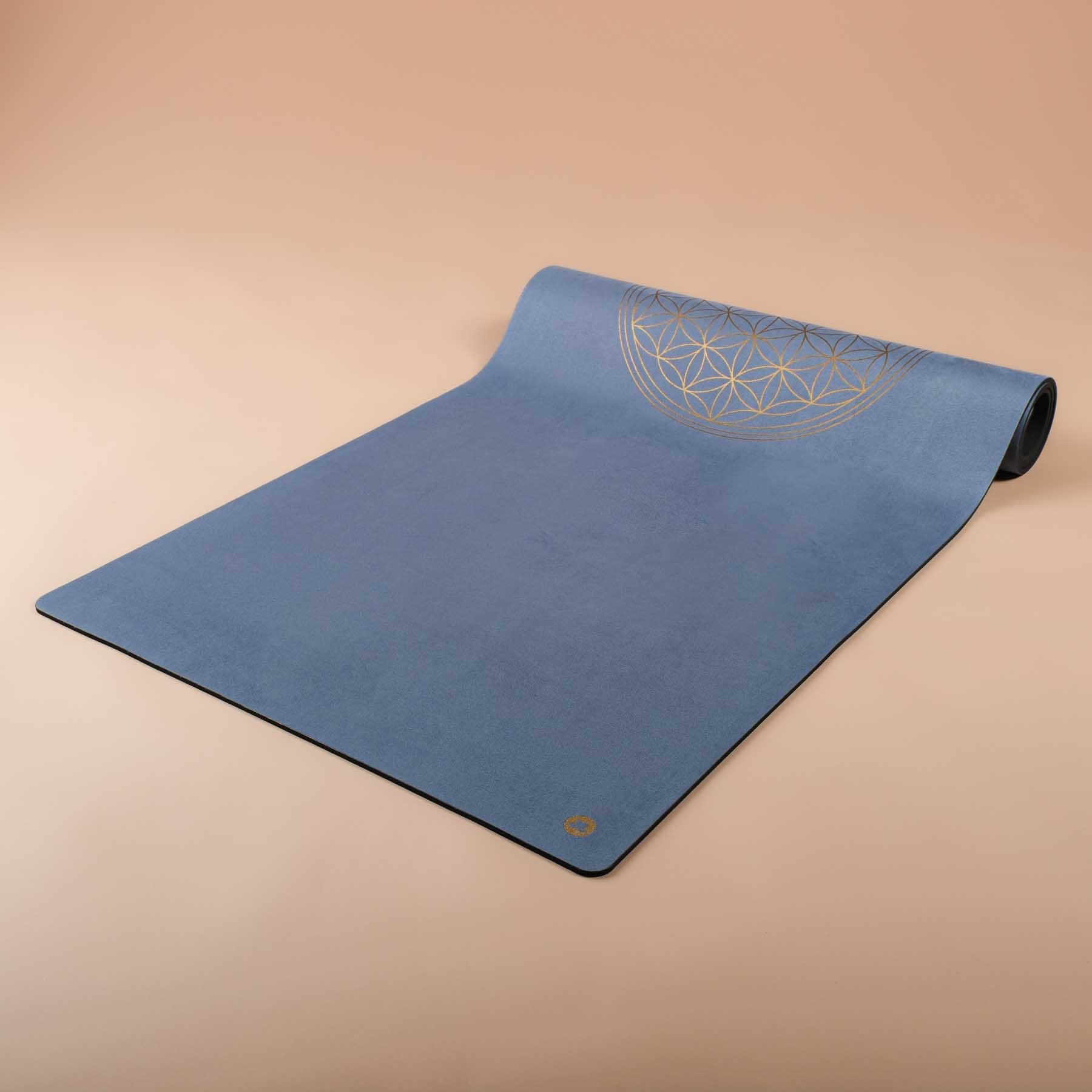 Yogamatte Velours Blume des Lebens gold Print graublau