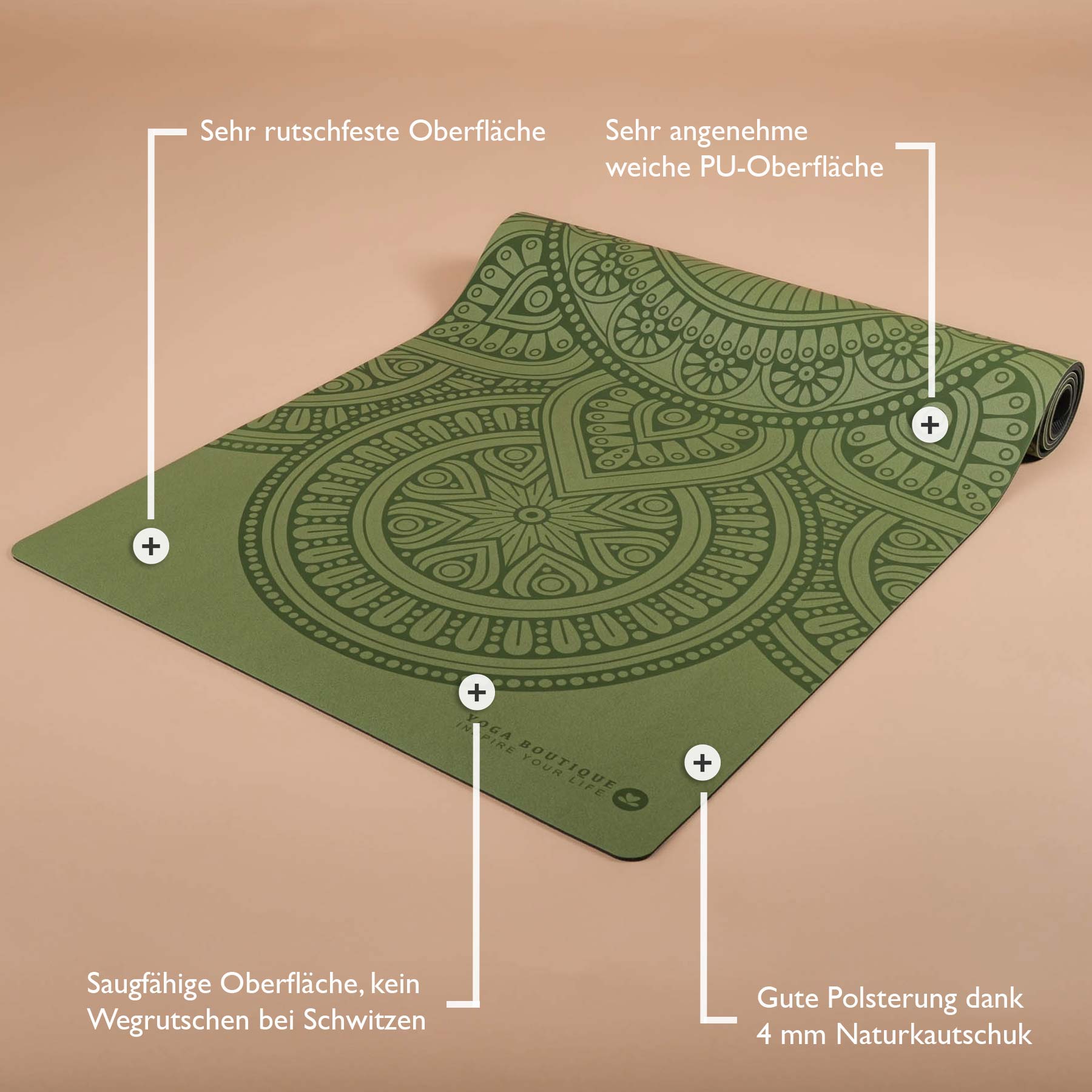 Yogamatte SuperGrip 2.0 Mandala sehr rutschfeste Yogamatte apple aus Naturkautschuk mit guter Halt