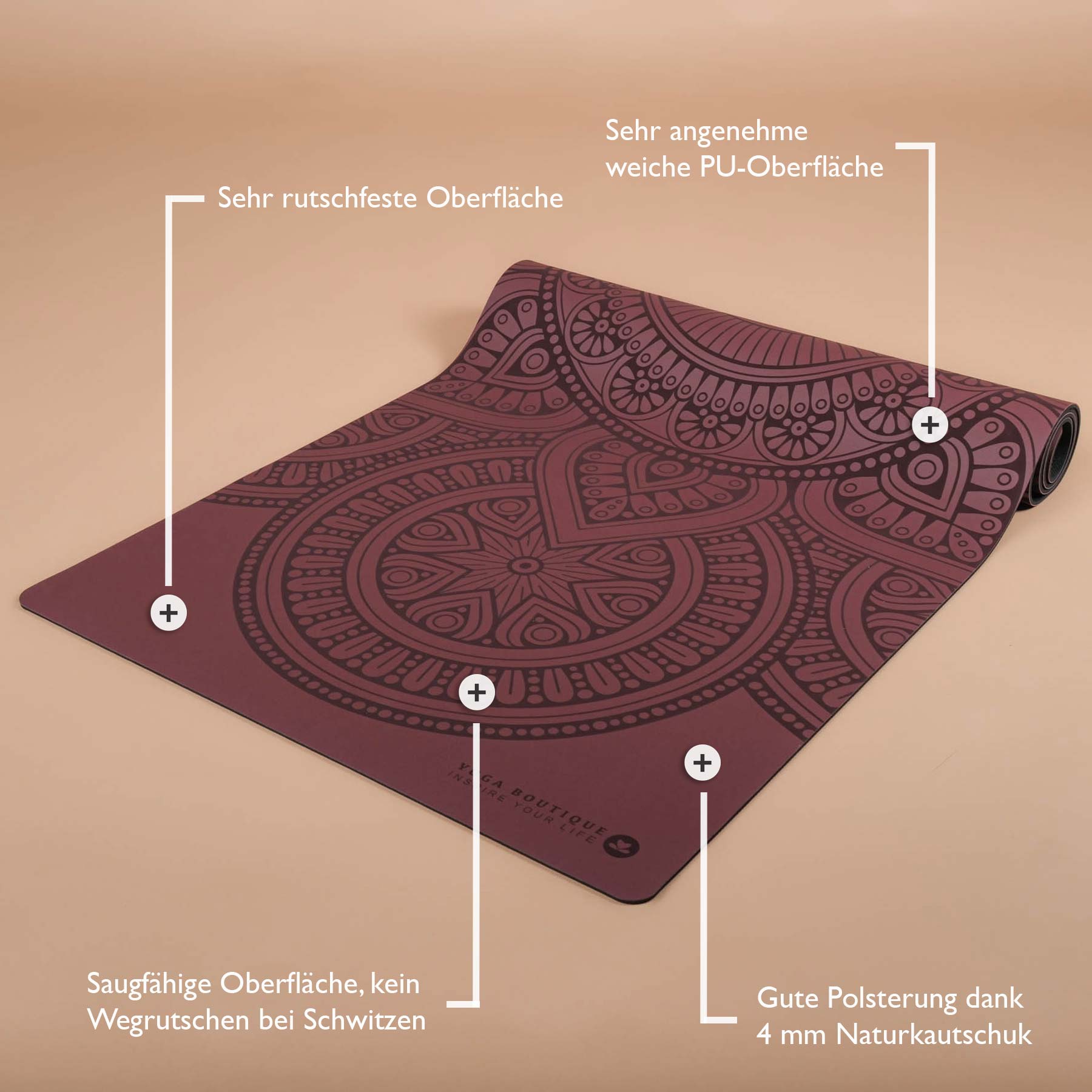 Yogamatte SuperGrip 2.0 Mandala sehr rutschfeste Yogamatte berry aus Naturkautschuk mit guter Halt