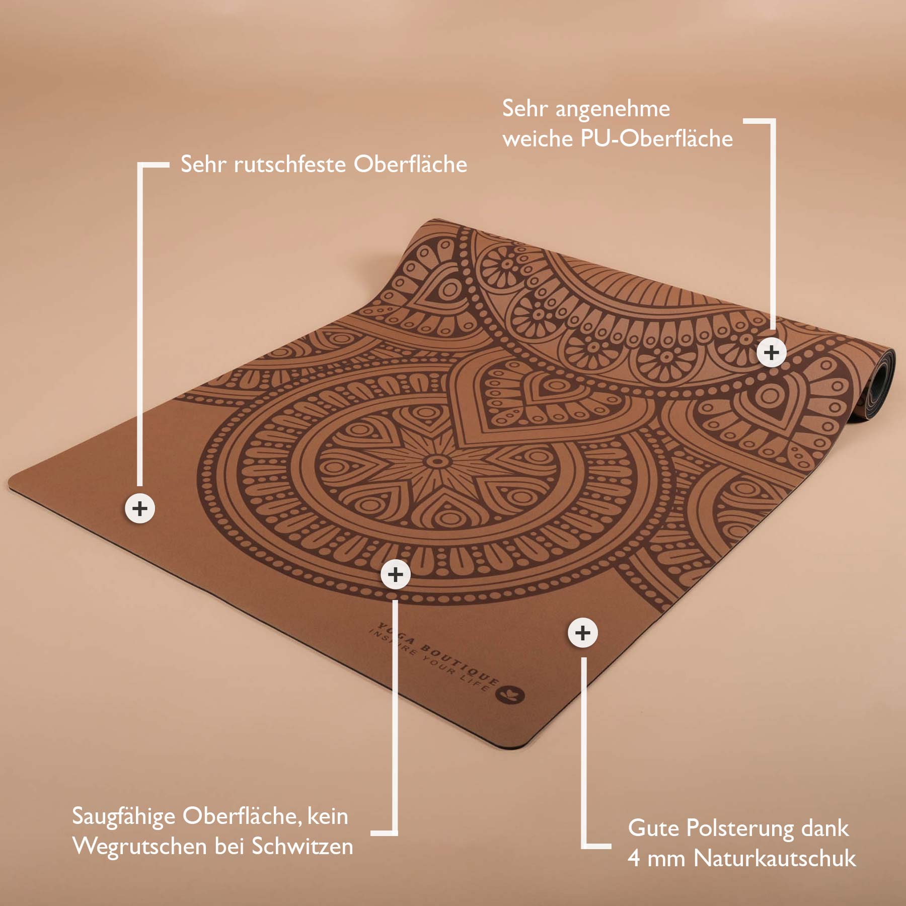 Yogamatte SuperGrip 2.0 Mandala sehr rutschfeste Yogamatte coffee aus Naturkautschuk mit guter Halt