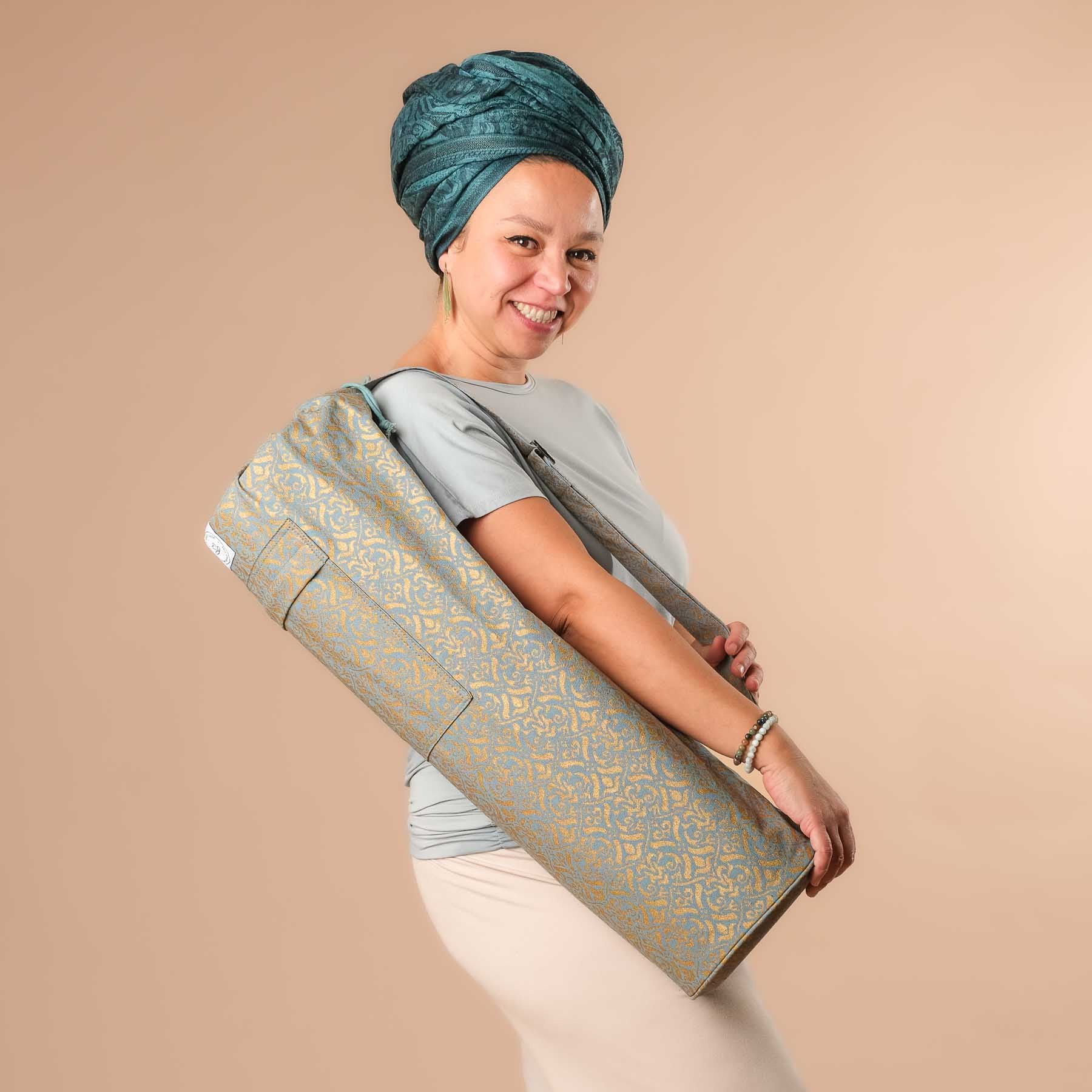 Yogamatten-Tasche aus Bio Baumwolle mit goldenem Blockprint green-water
