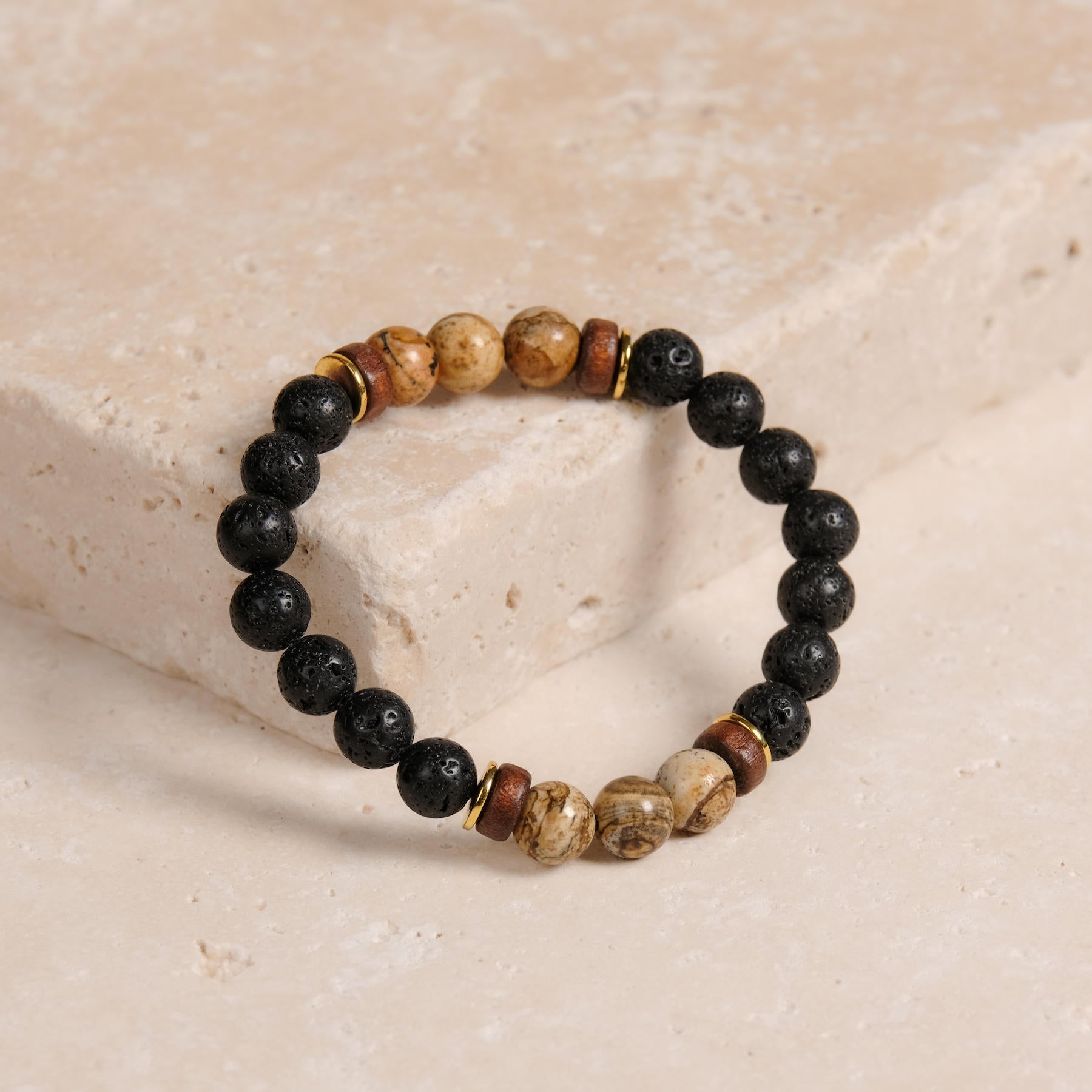 Edelstein Armband Stability mit Lavastein, Landschaftsjaspis und Holz