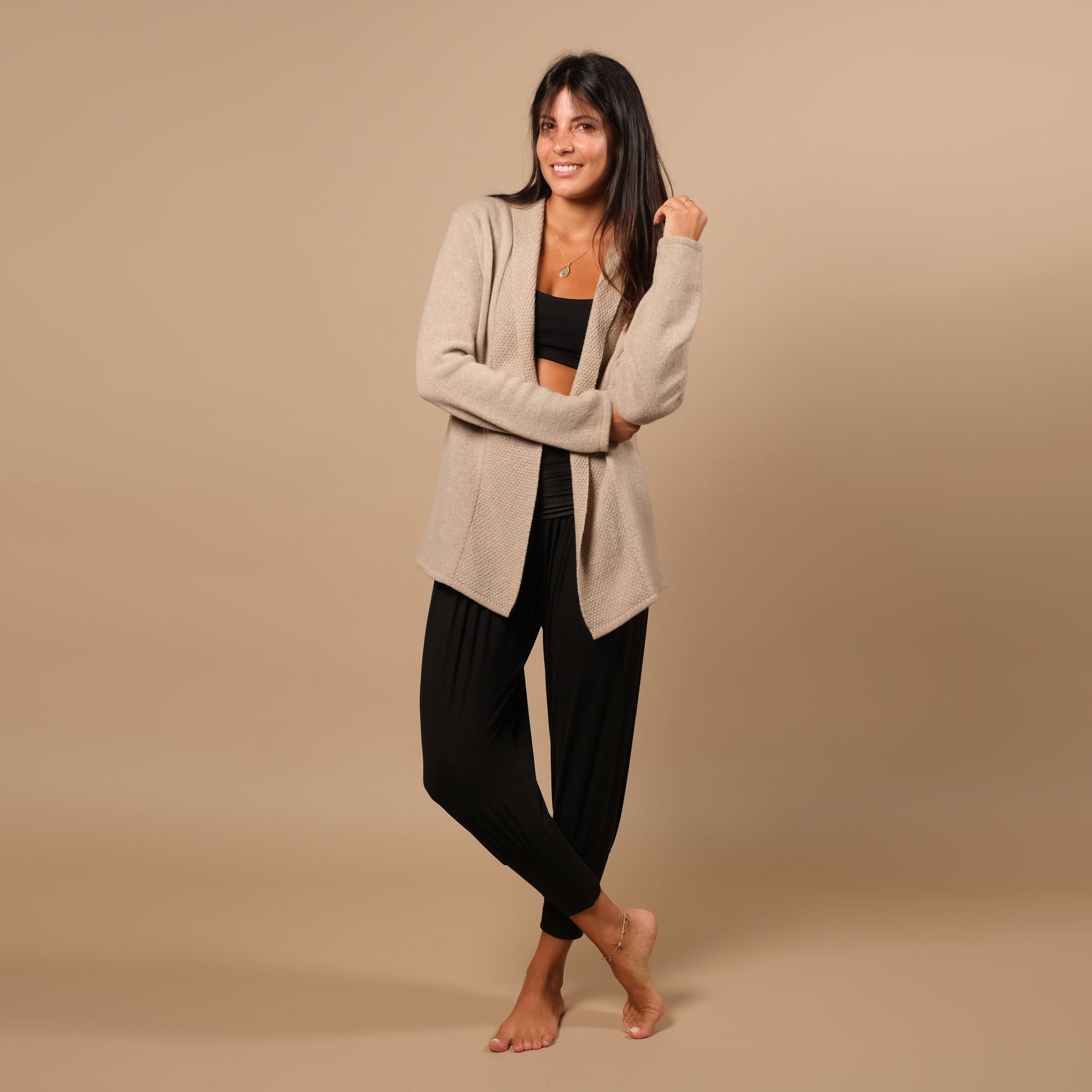 Merino Kaschmir Cardigan, Yoga Cardigan, nachhaltig, elegant beige
