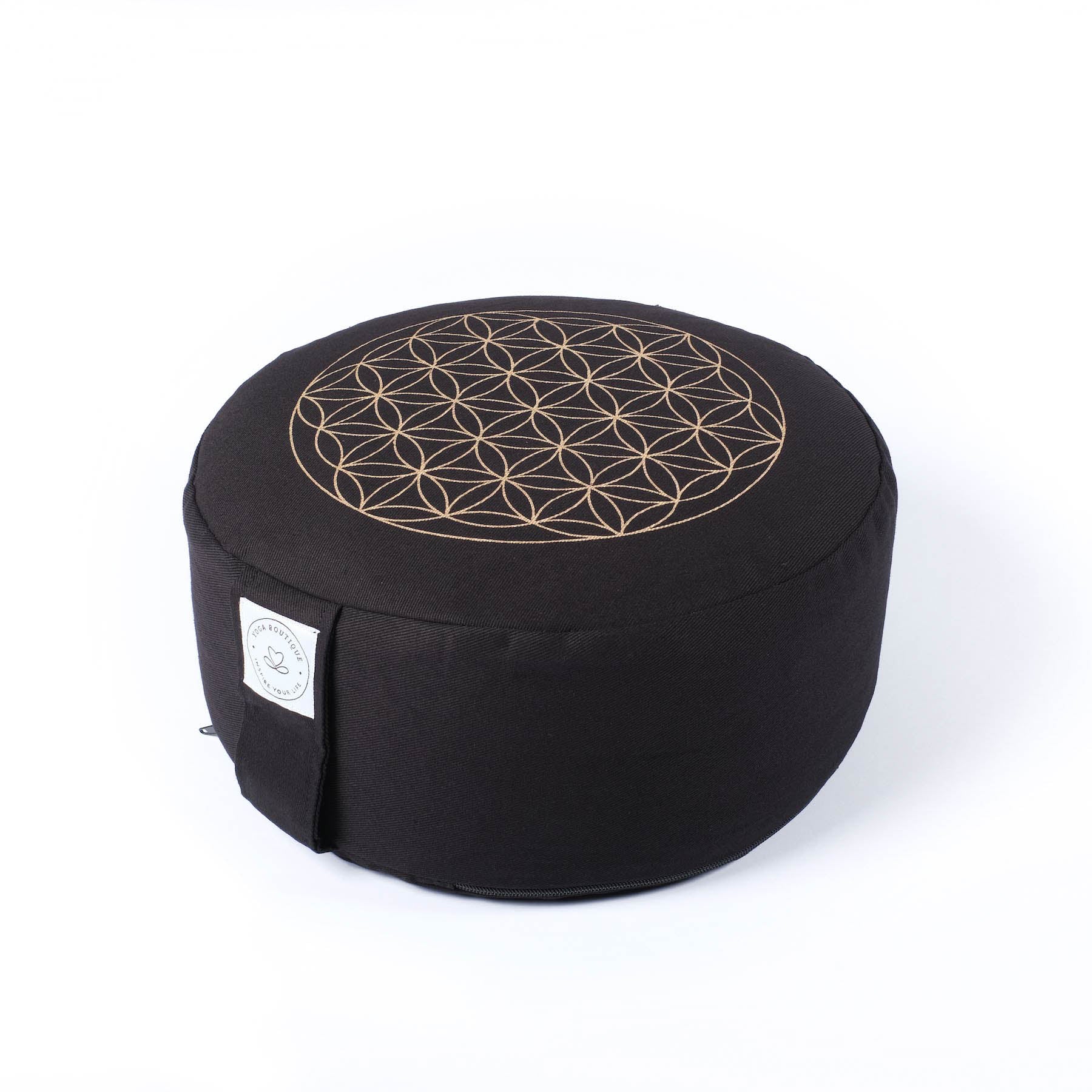 Meditationskissen rund Blume des Lebens gold Print schwarz