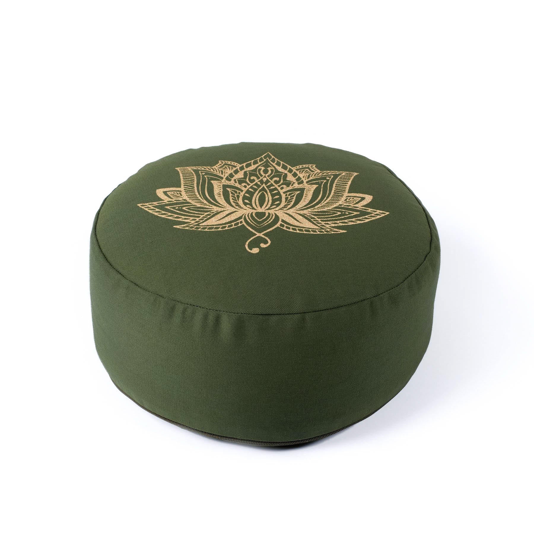 Meditationskissen rund Lotus gold Print olive grün