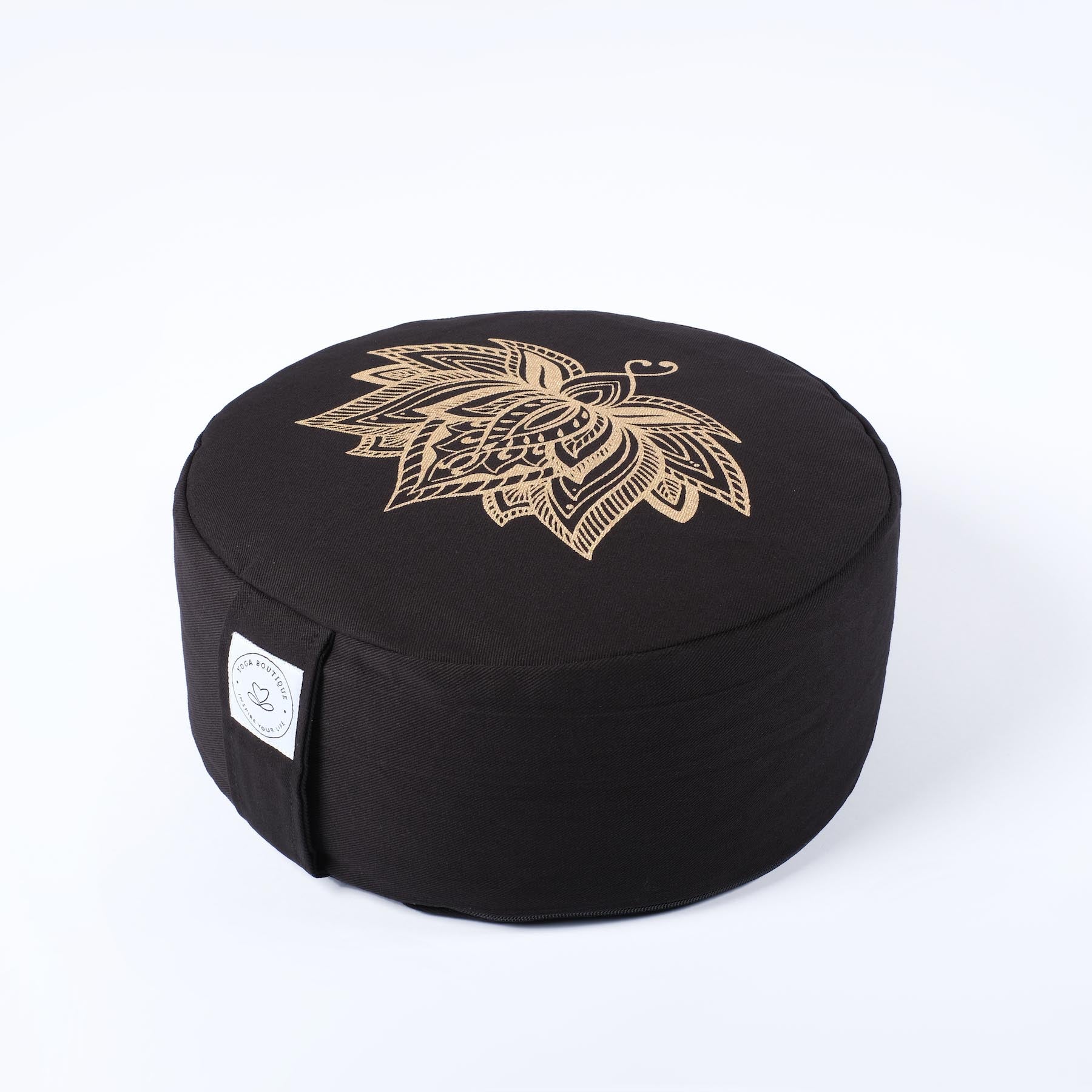 Meditationskissen rund Lotus gold Print schwarz