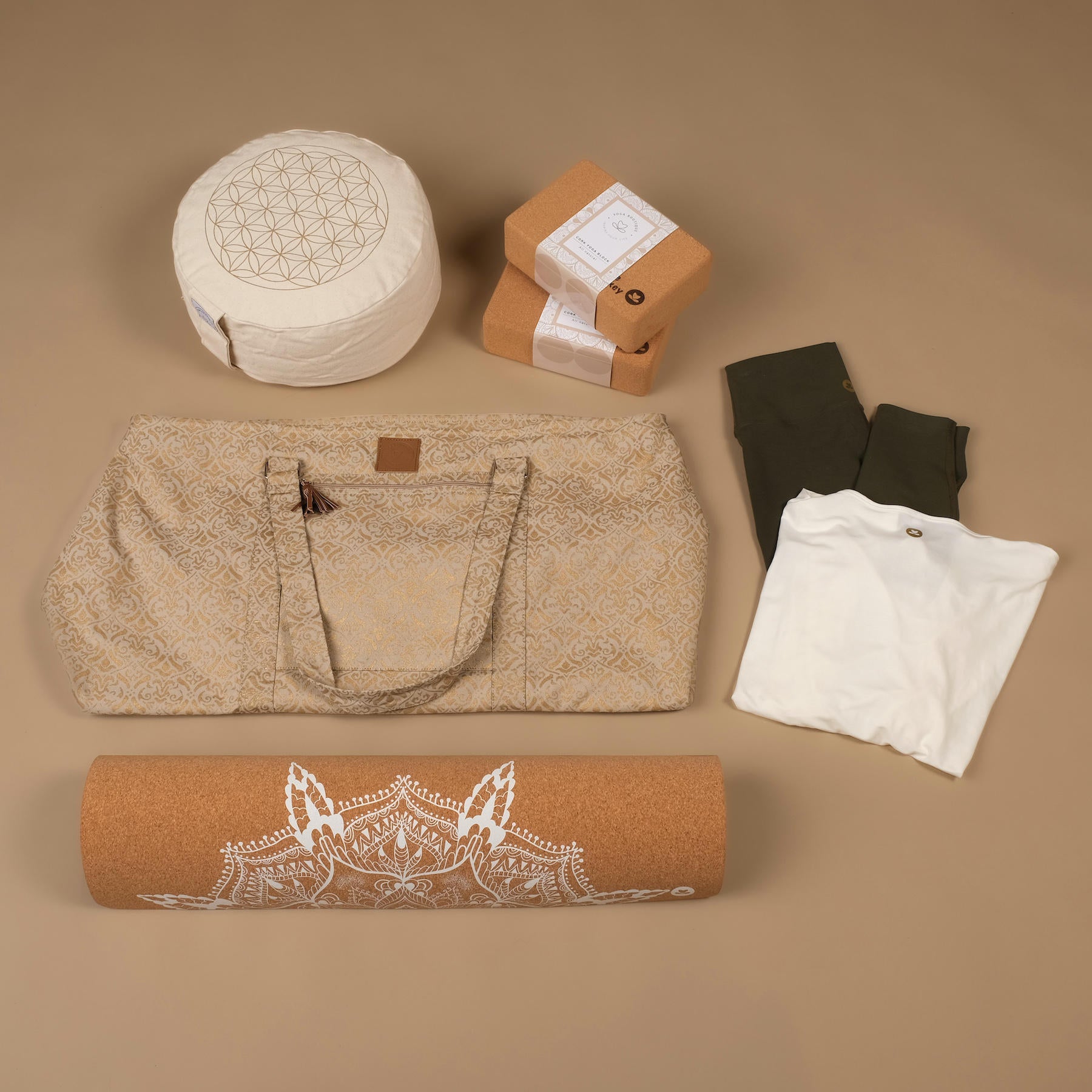 Yoga Tasche gross - Reisetasche Baumwolle Blockprint sand