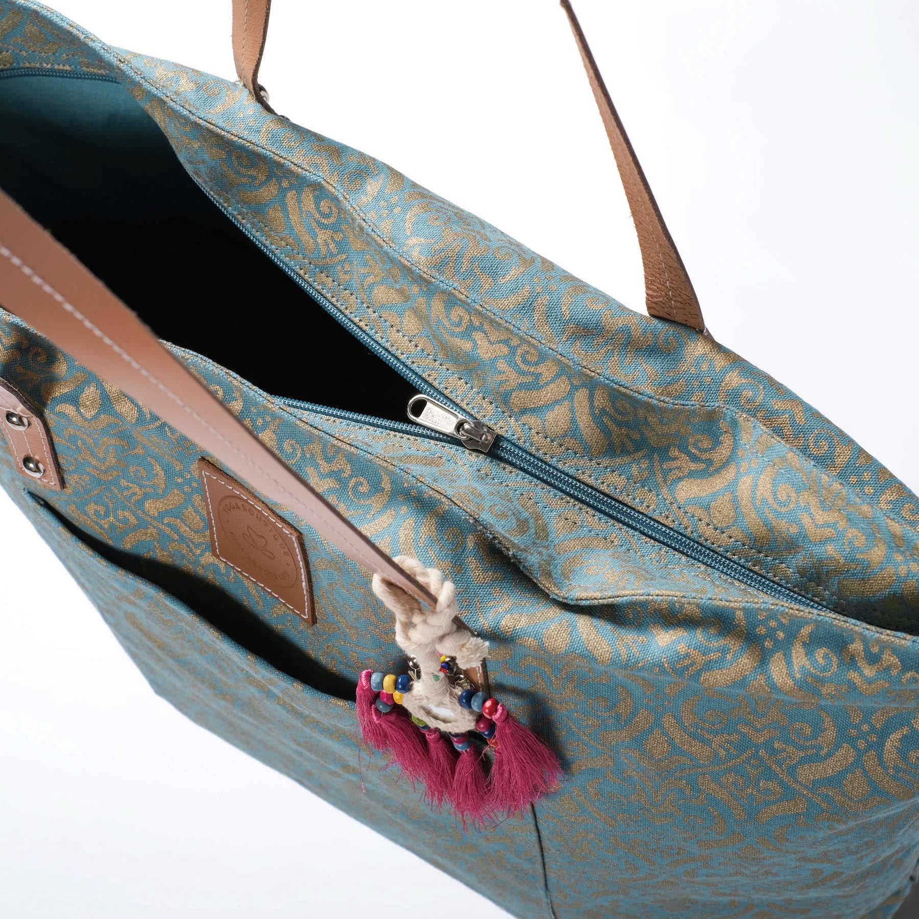 Yoga-Tasche Taj Mahal aus Bio Baumwolle mit Gold Blockprint green-water