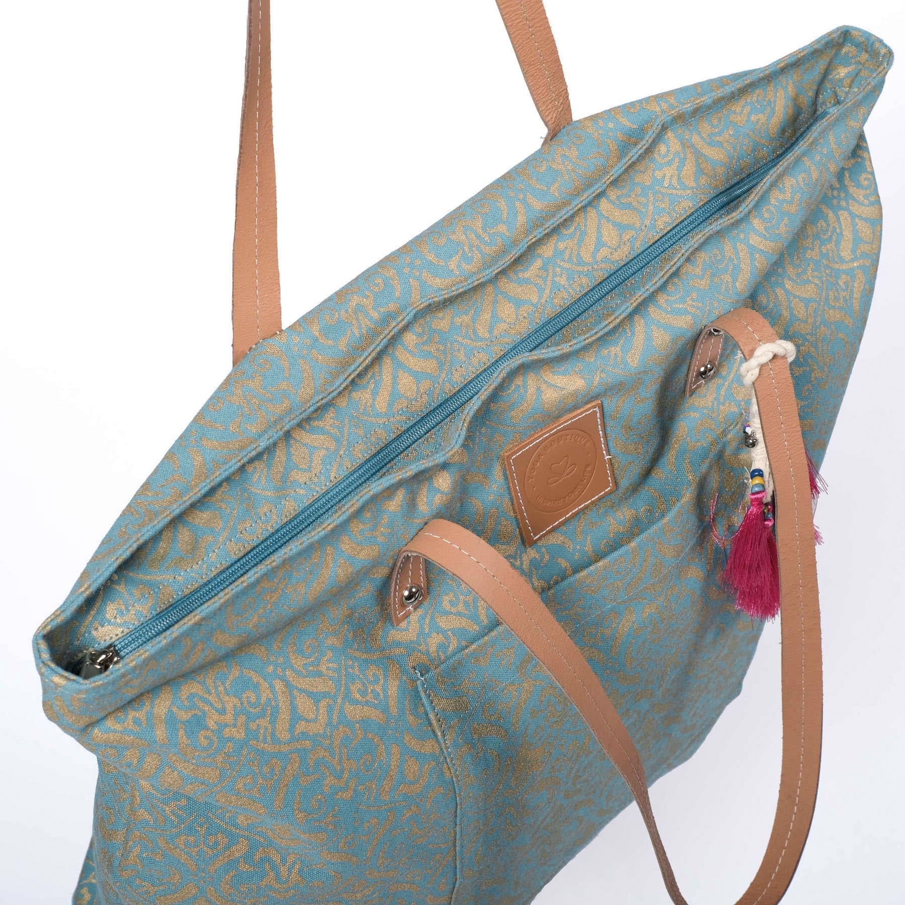 Yoga-Tasche Taj Mahal aus Bio Baumwolle mit Gold Blockprint green-water