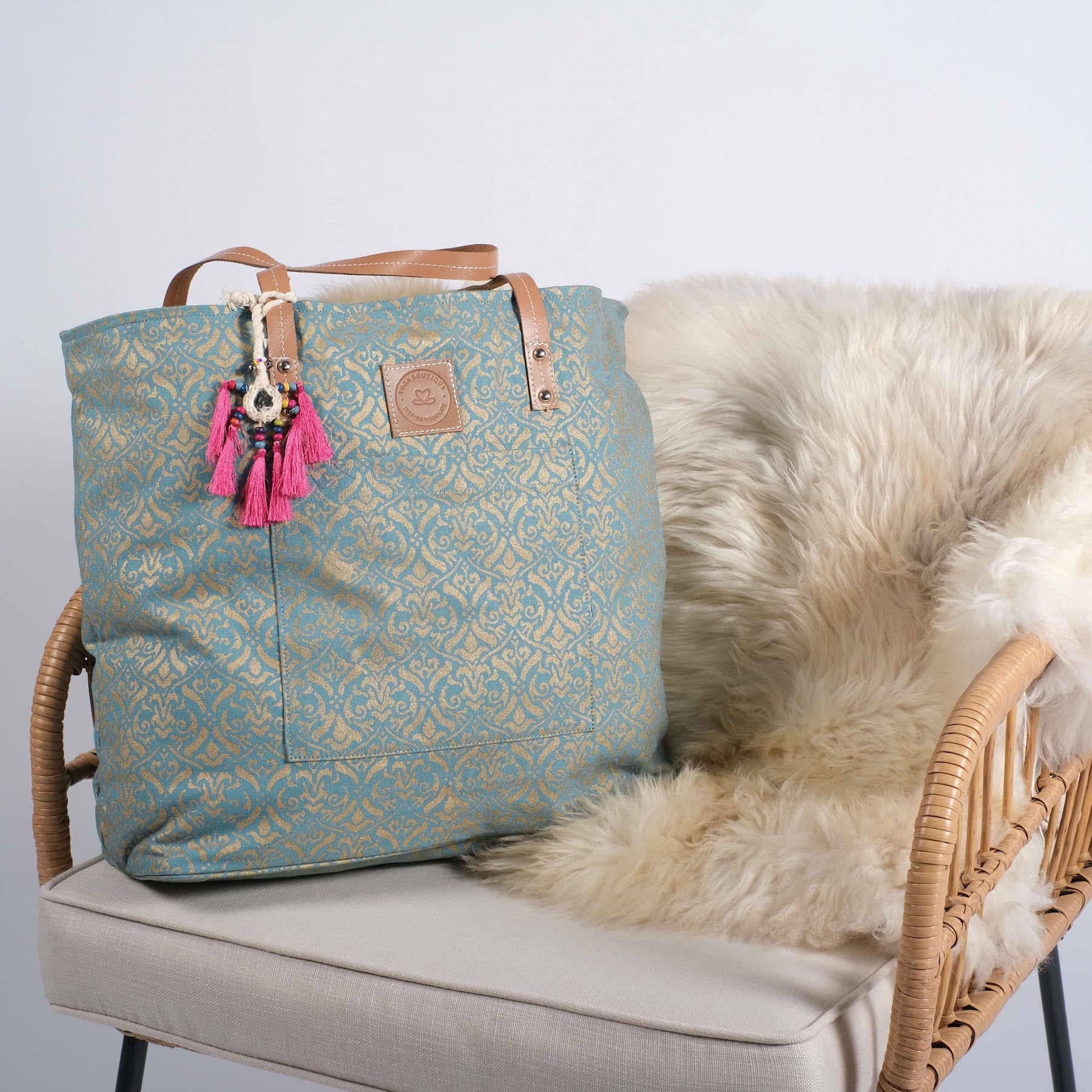 Yoga-Tasche Taj Mahal aus Bio Baumwolle mit Gold Blockprint green-water